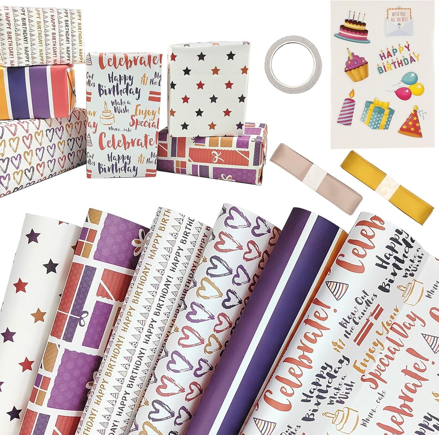 Premify 6 Gift Wrapping Paper Sheets Set (50×70cm) with Ribbon Sticker and Tape For Birthday Wedding Graduation Mothers Day Eid Boy Girl kid baby Men Women