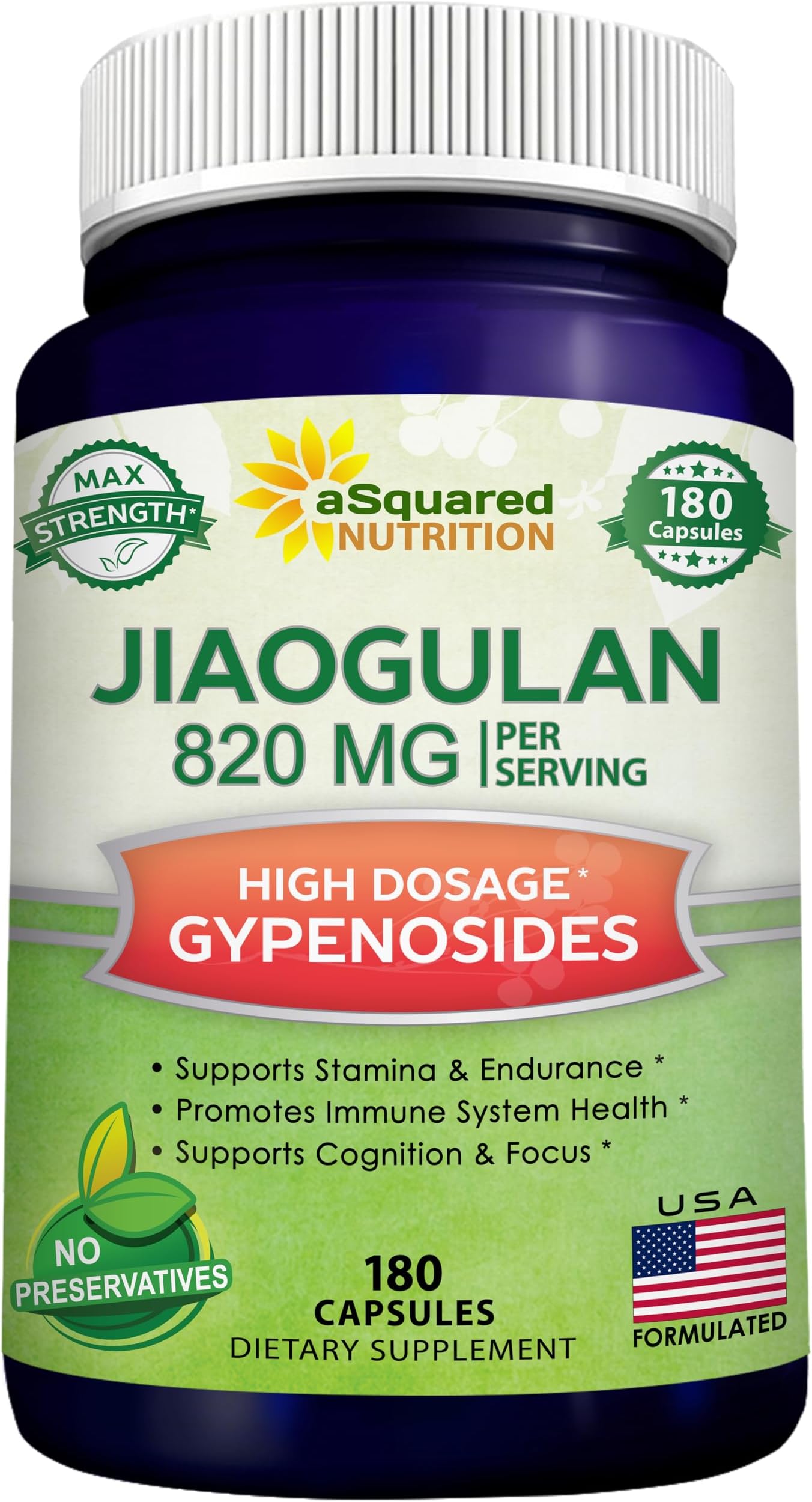 aSquared Nutrition Jiaogulan Supplement-180 Capsules with Black Pepper Extract - Gynostemma Pentaphyllum AMPK Activator, Caffeine-Free Adaptogen Pills, Southern Ginseng Root Powder, Max Strength 820mg