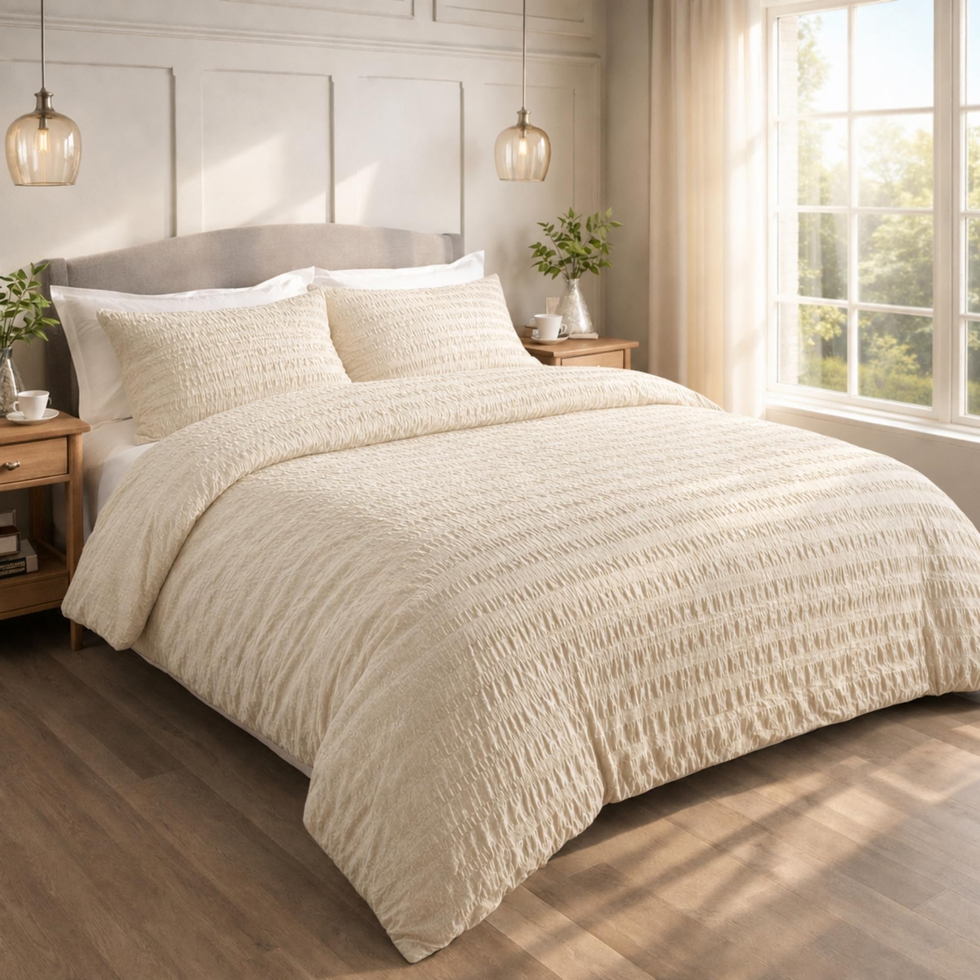 Seersucker King Duvet Cover Set Cream with Pillowcase, Ultra Soft Brushed Microfiber Bedding Set, Breathable, Easy Care, Machine Washable Quilt Cover, Wrinkle Resistant