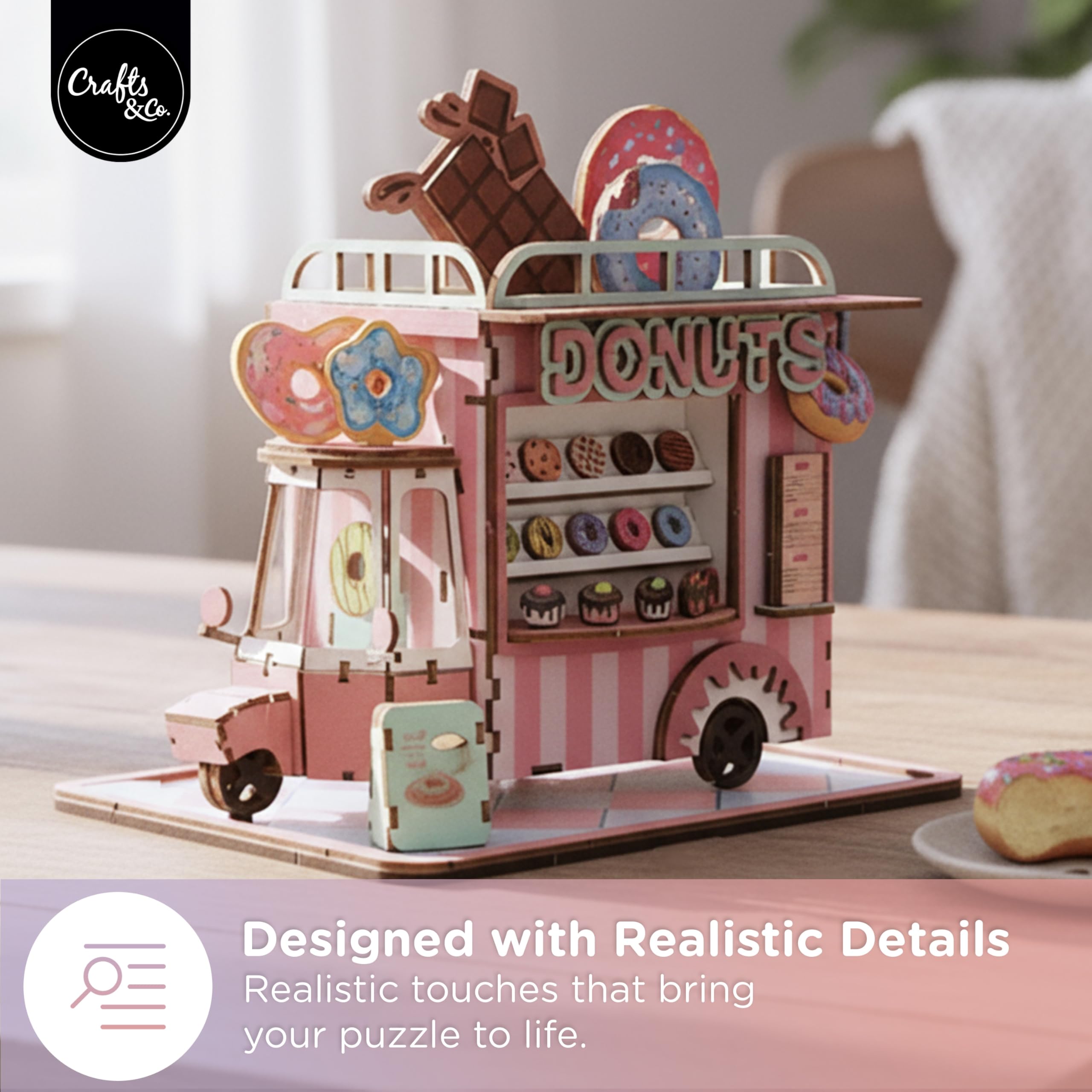 Crafts&Co Drewniane puzzle 3D z motywem pączka, "zrób to sam", miniaturowy zestaw do montażu z drewna dla dzieci i dorosłych, kreatywny zestaw do majsterkowania do relaksu i dekoracji, rozmiar 16 x 8