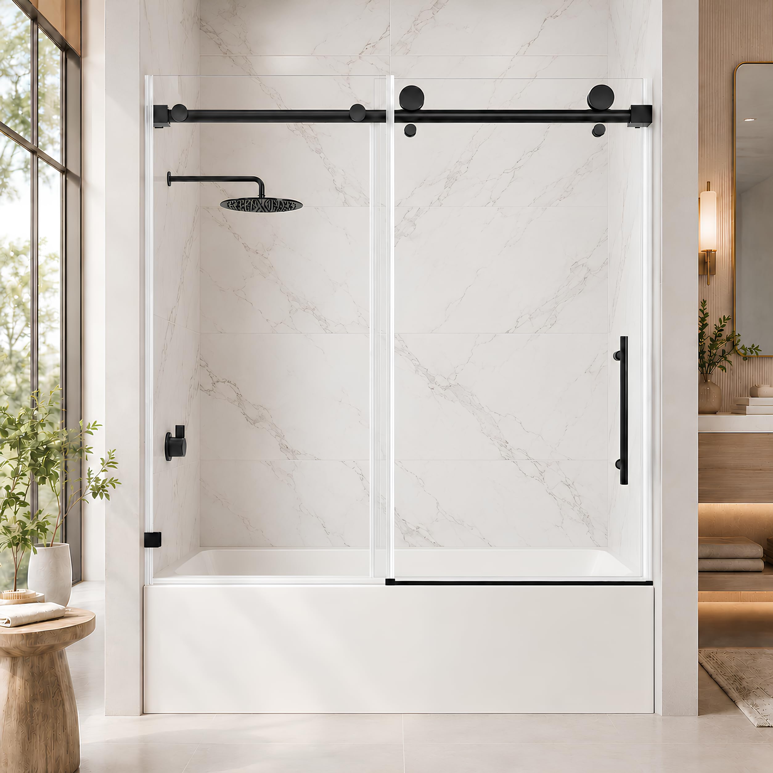 EGrinbey frameless single sliding bathtub shower door matte black