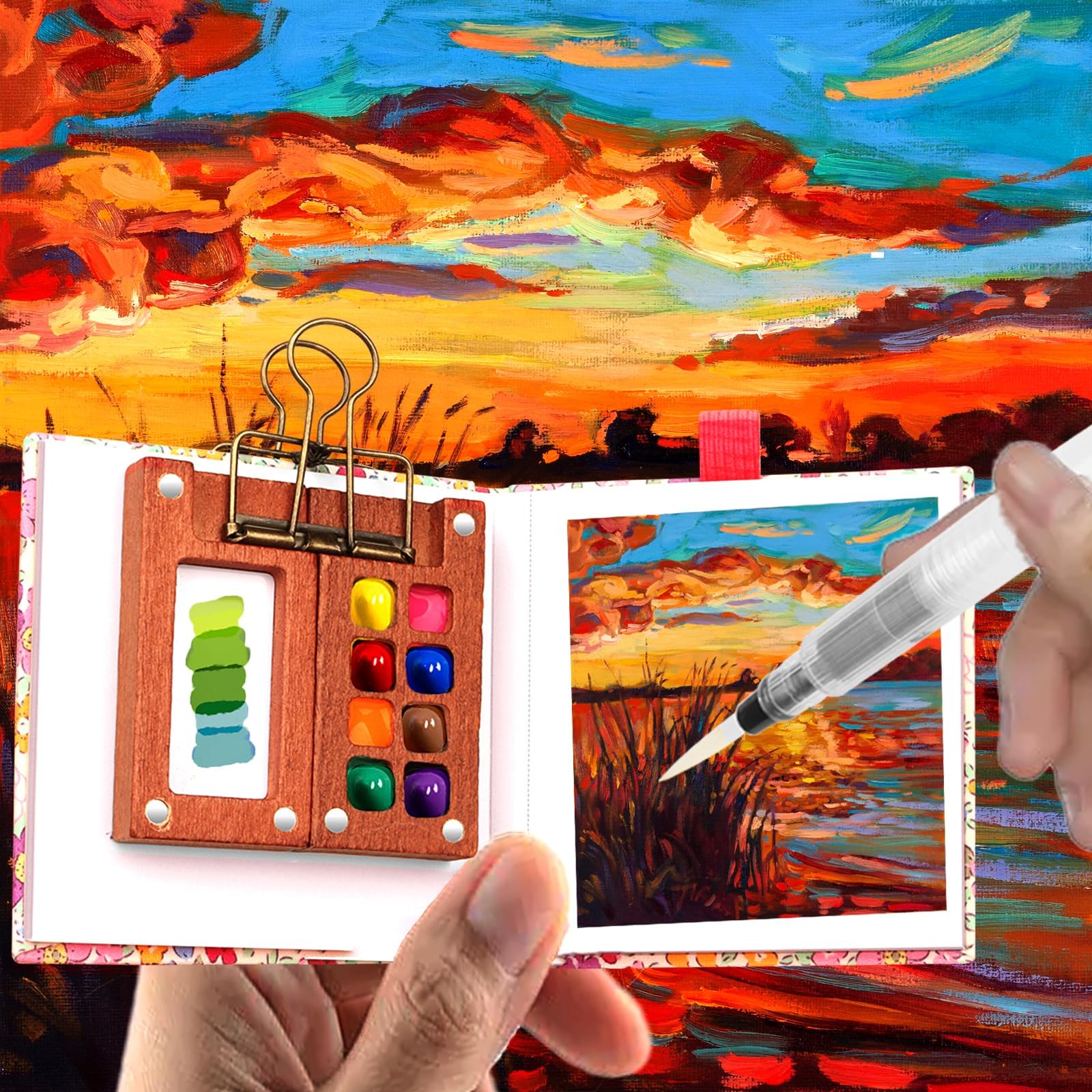 Mini Set de Acuarelas con Cuaderno y Pintura, Paquete Completo Acuarela 12 Colores Paleta Madera mini juego viaje papel acuarela, bolígrafos, clip, 8 cuadrículas para pintores, (Azul)
