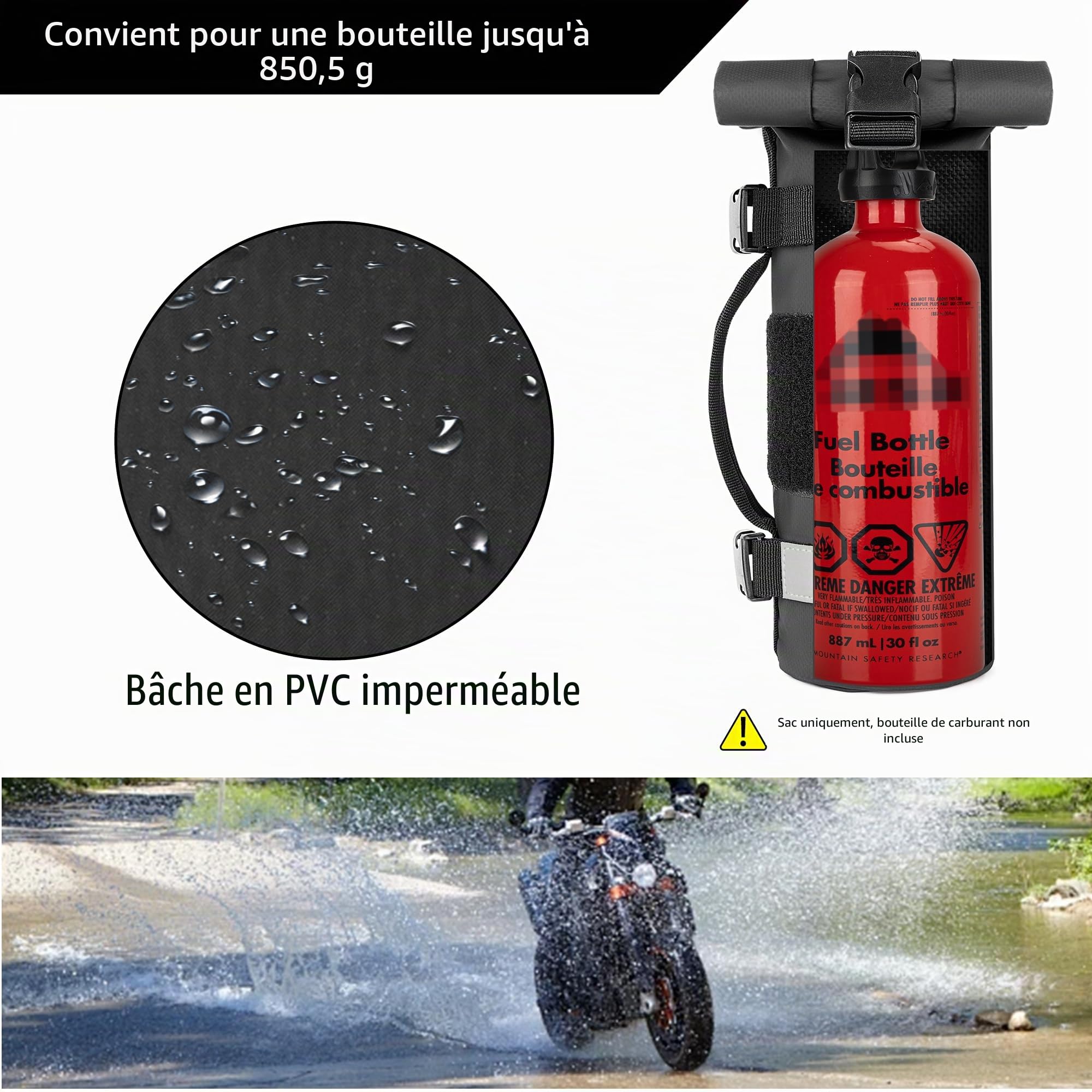 Rexmica Sacoches de Réservoir pour Moto de 1,0 Litre, Noir | Porte-Bouteille de Carburant à Fixer à La Moto ou au Sac à Dos Molle, Sac pour Réservoir de Carburant