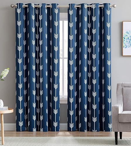HLC.ME Paneles de cortinas opacas térmicas con estampado de flechas para oscurecer la habitación, con ojales, para dormitorio - Juego de 2 - Azul
