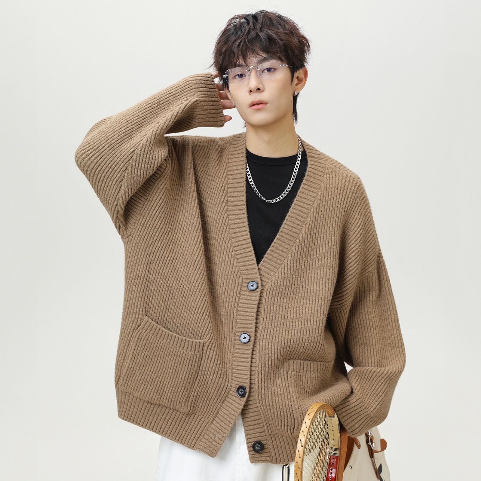 Cardigan Punto Hombre, Chaqueta Punto Botones Hombre Manga Larga con Un Solo Botonadura con Bolsillo Abrigo Color Sólido Informal con Botones Suéter Grande Chaqueta De Entretiempo De Punto