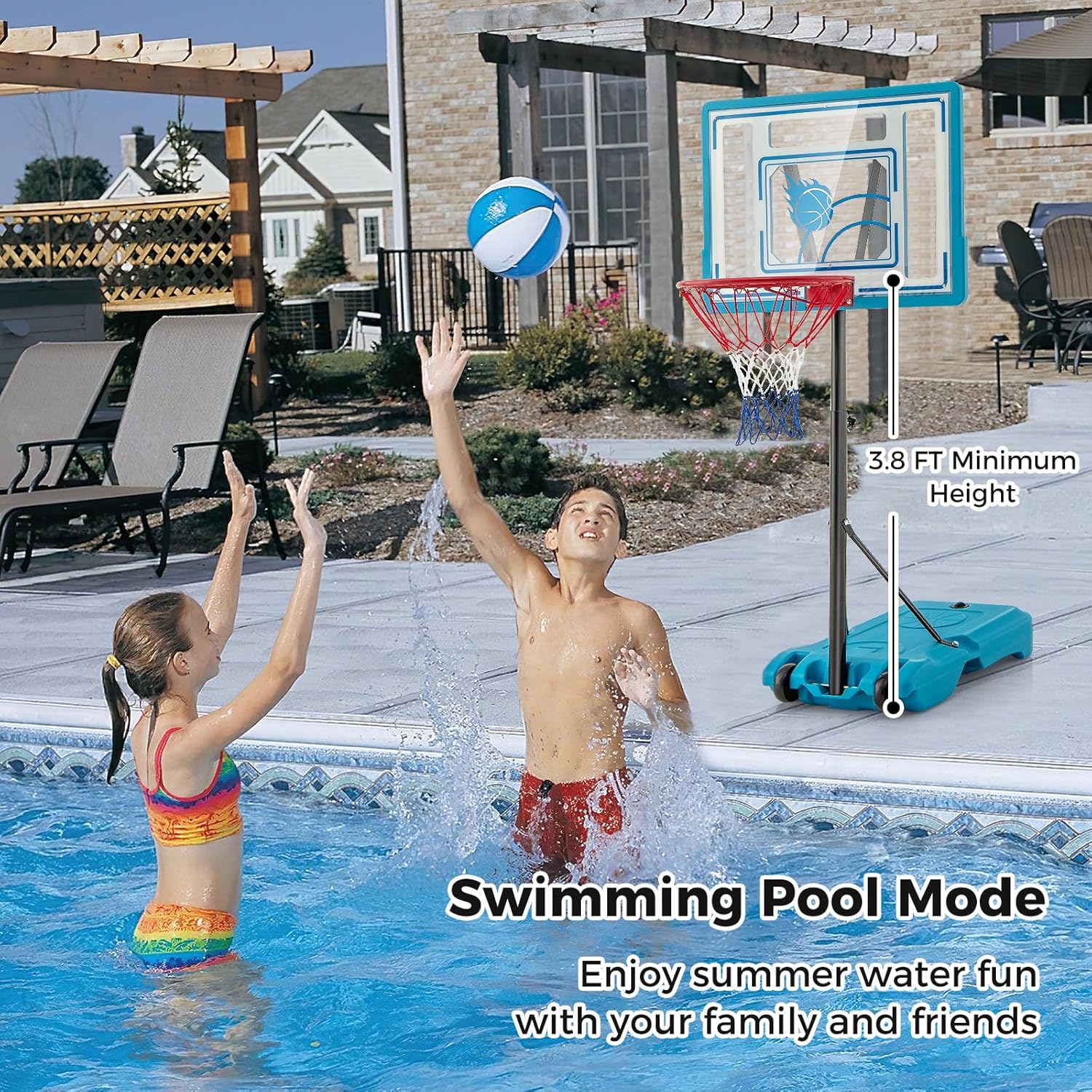 GYMAX Pool Basketball Hoop, Height Adjustable Swimming Pool Basketball Hoop Poolside with Fillable Base & Built-in Wheels for Kids Teens Adults