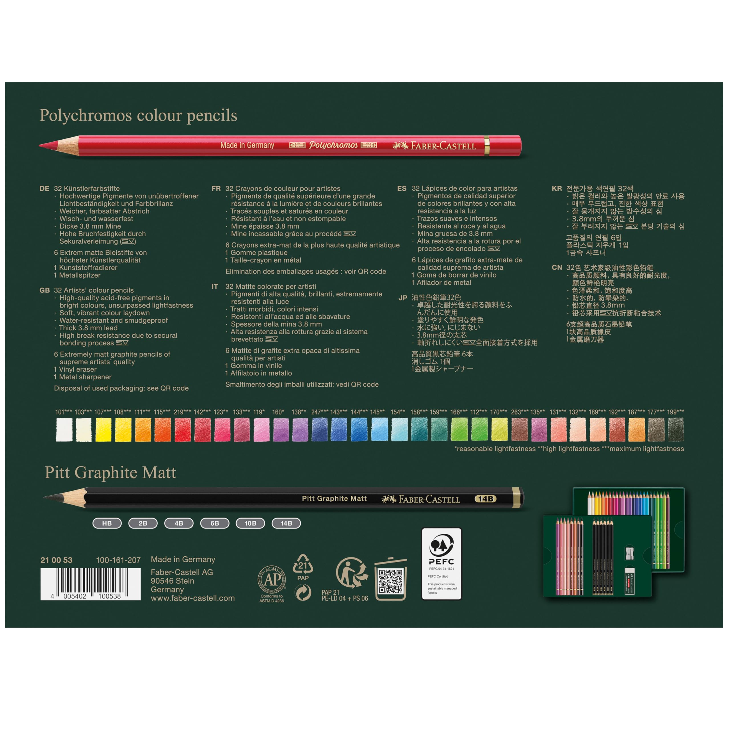 Faber-Castell 210053 Drawing Set 40 Pieces with Polychromos Colouring Pencils and Pencils Pitt Graphite Matt, Includes Sharpener and Eraser