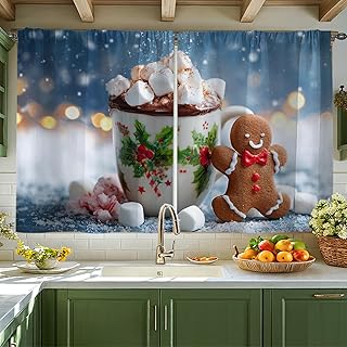 Gingerbread Kitchen Curtains, Christmas Festive Hot Chocolate Marshmallows Christmas Red Kitchen Drapes for Windows Window Decoration for Dining Room Breakfast Nook Sink Area 42x45 Inch