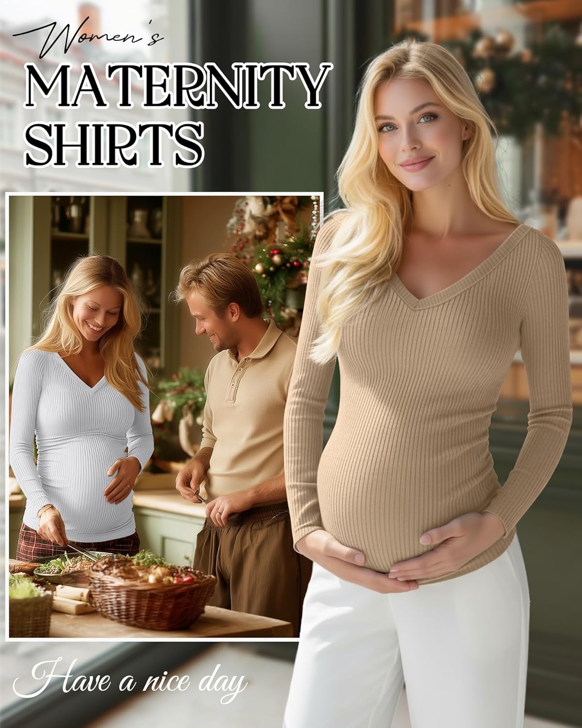 4 Pack Women's Maternity Shirts, Cotton Long Sleeve Pregnancy Tops Ribbed V Neck Slim Fit Maternity Clothes - Image 4
