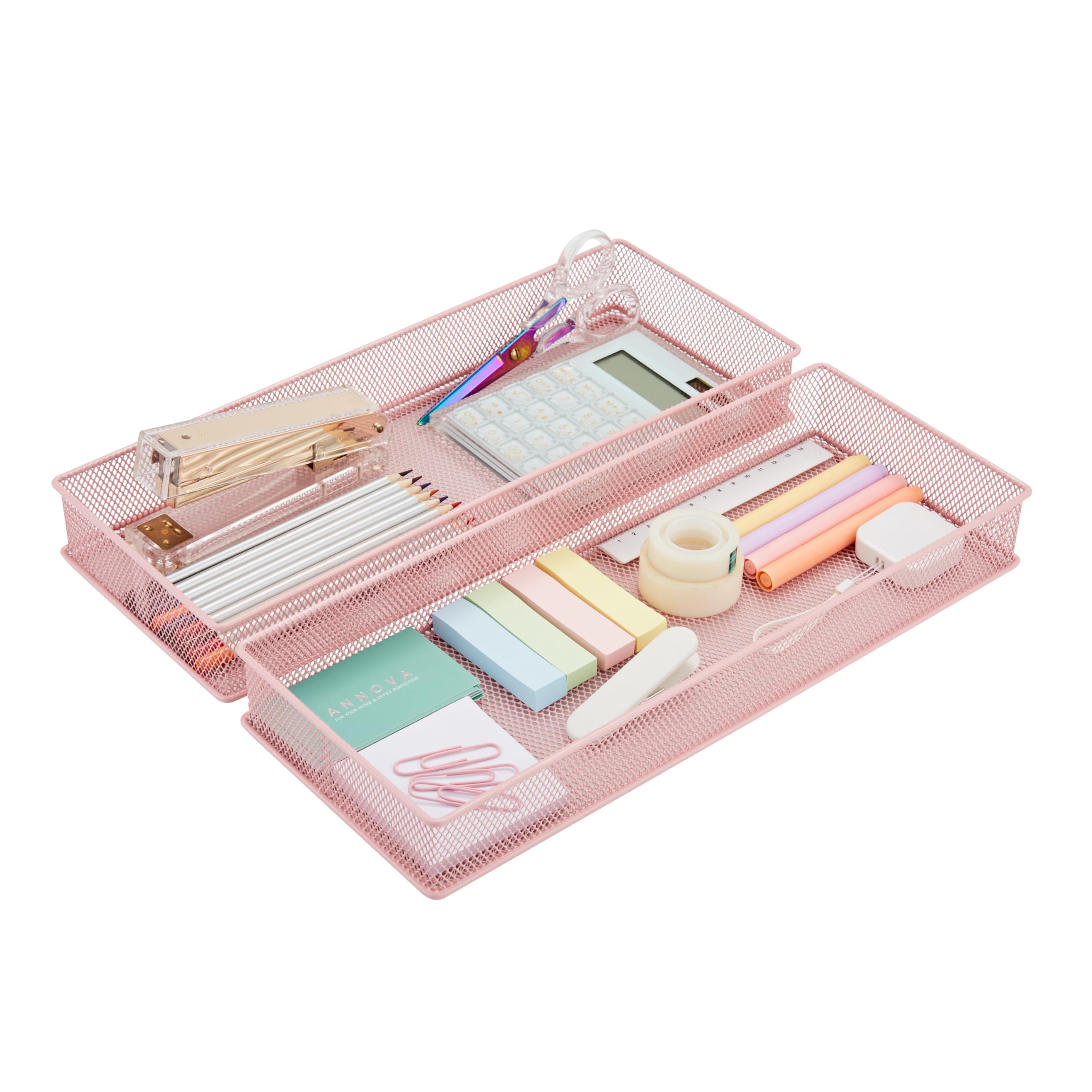 Annova Mesh Drawer Cabinet and Shelf Organizer Bins Storage Basket School Office Supply Holder Tray- Set of 2 (Light Pink, 38x15x5 cm)