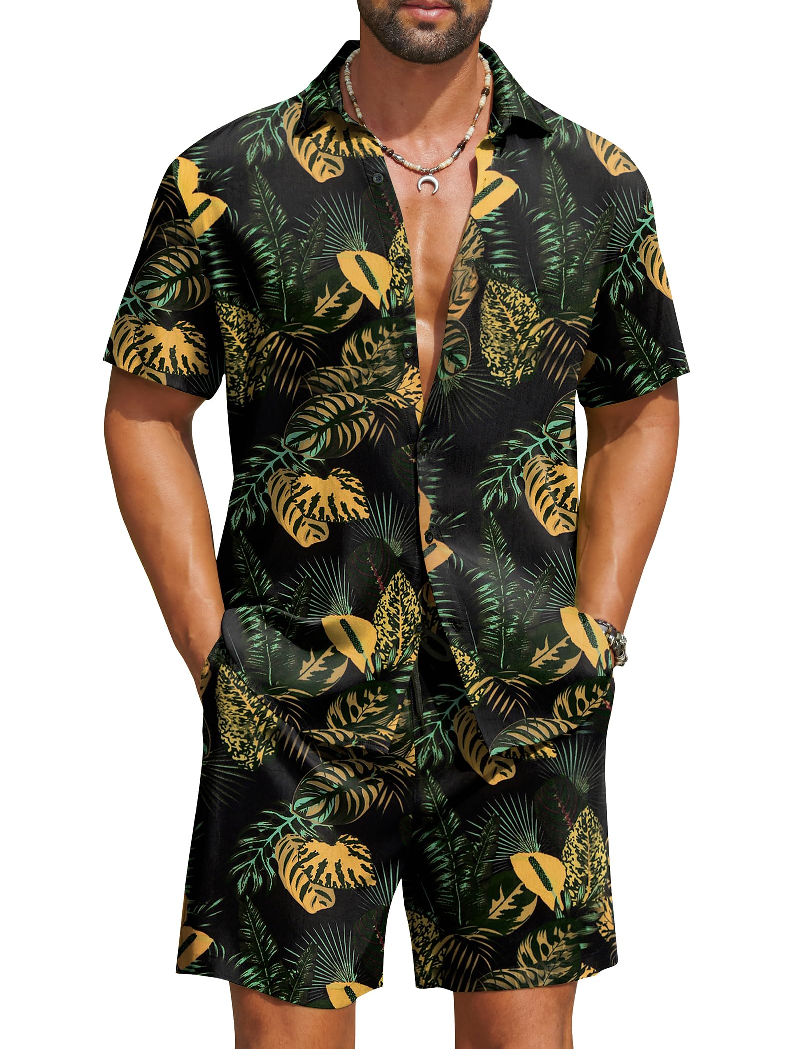 Men's Hawaiian Matching Set Summer Beach 2 Piece Outfits Flower Button Down Shirts and Shorts Vacation Outfits