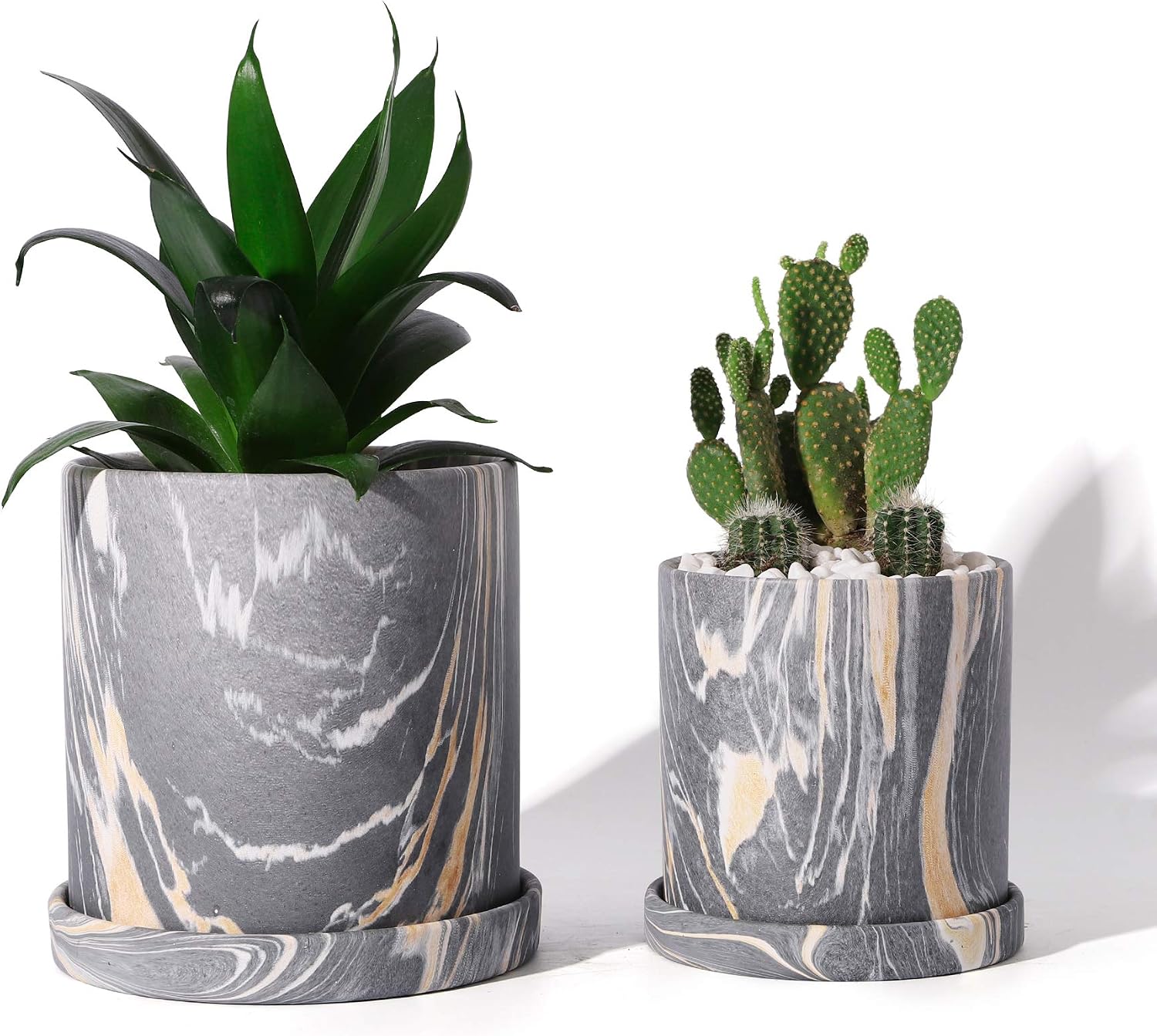 POTEY Ceramic Flower Plants Pots Planter - 3.8 Inch + 5.1 Inch Marble Container Drainage with Sacuer Indoor Herb Garden Bonsai Planting - Set of 2 (Gray)