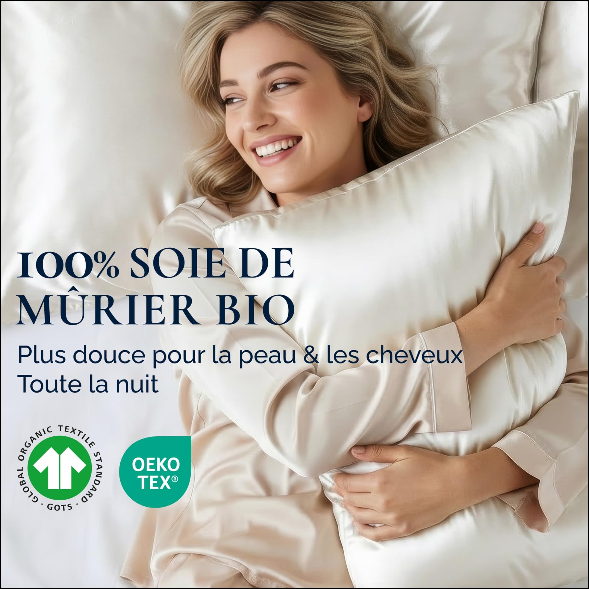 Taie d'oreiller en Soie de Mûrier 100% Bio, 22 Momme, 6A (50x70cm) | Dermatest 5 étoiles, testé dermatologiquement · GOTS & OEKO-TEX MADE IN GREEN certifié · peaux sensibles