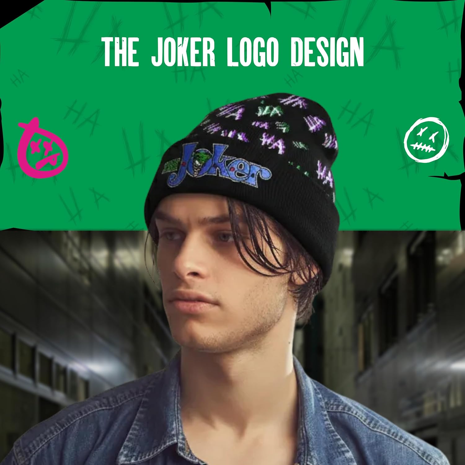 DC Comics The Joker Beanie Hat, Acrylic Adult Winter Knit Cap for Men and Women, Black, One Size
