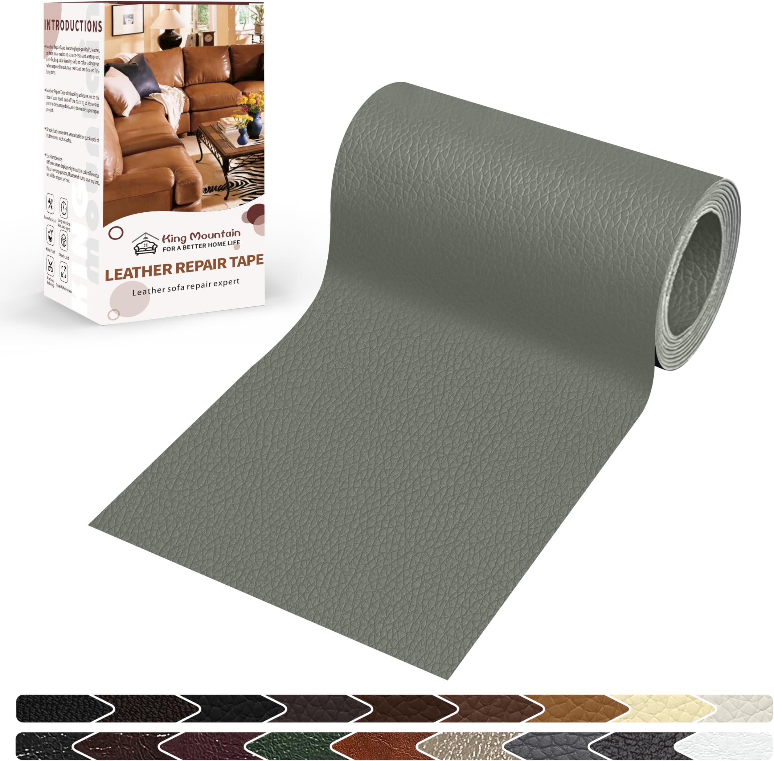 KING MOUNTAIN Leather Repair Patch,4 x 63 Inches self Adhesive Leather Repair Tape for Damaged Leather Furniture, Sofa Seating,Car Seats, Leather Goods（Gray）