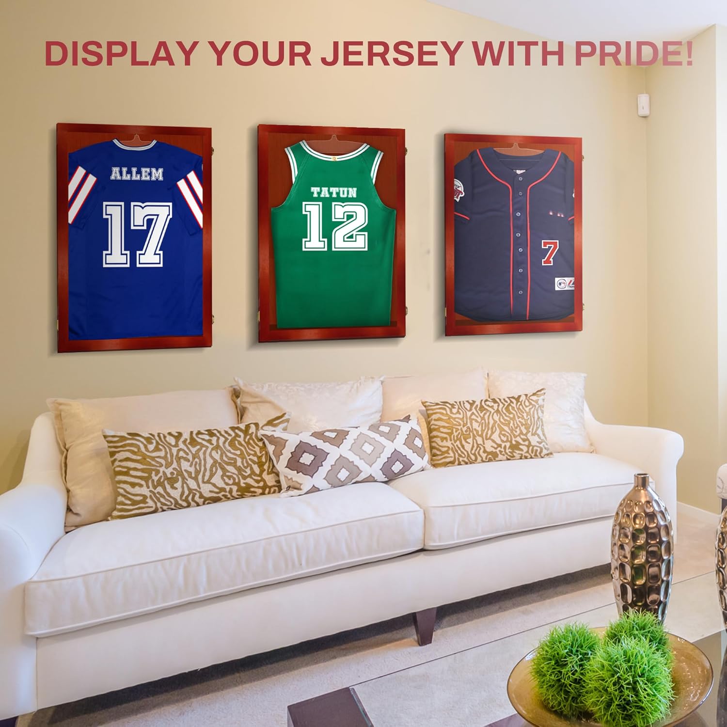 PENNZONI Jersey Frame Display Case - Crystal Clear Acrylic Jersey Frame for Baseball, Football, Hockey, Soccer & Basketball, Jersey Shadow Box - Cherry