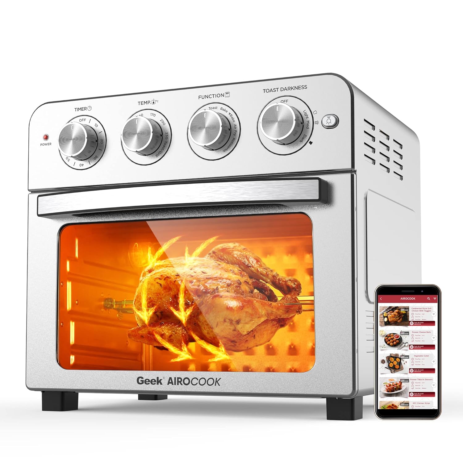 Geek AiroCook Iris Plus Air Fryer Oven with a whole chicken roasting inside