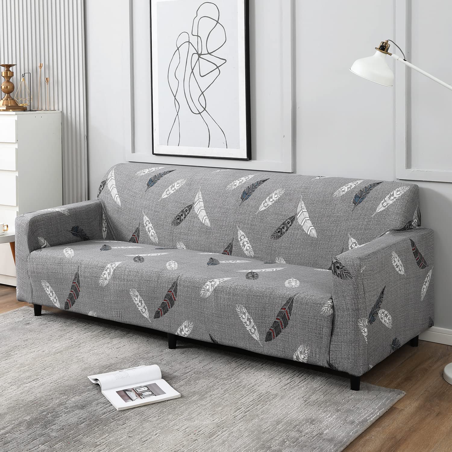 HOKIPO Sofa Cover 4 Seater Fully Covered, Grey Feather