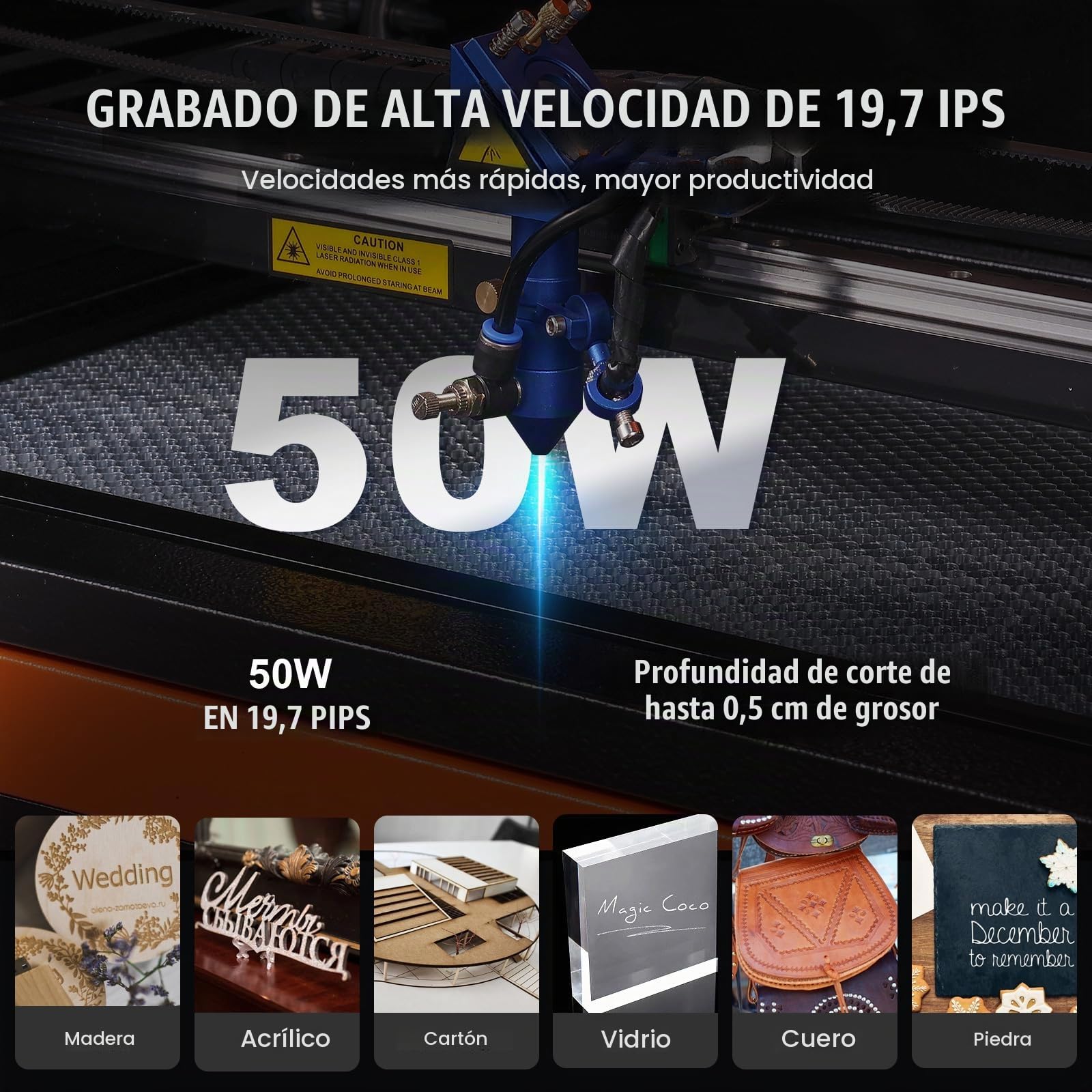 VEVOR Grabador Láser de CO2 50 W, 30 x 50 cm, 19,7 IPS, Máquina Grabadora Láser Asistencia de Aire Bidireccional Compatible con LightBurn, CorelDRAW, AutoCAD, Windows, Mac OS, Linux, para Acrílico