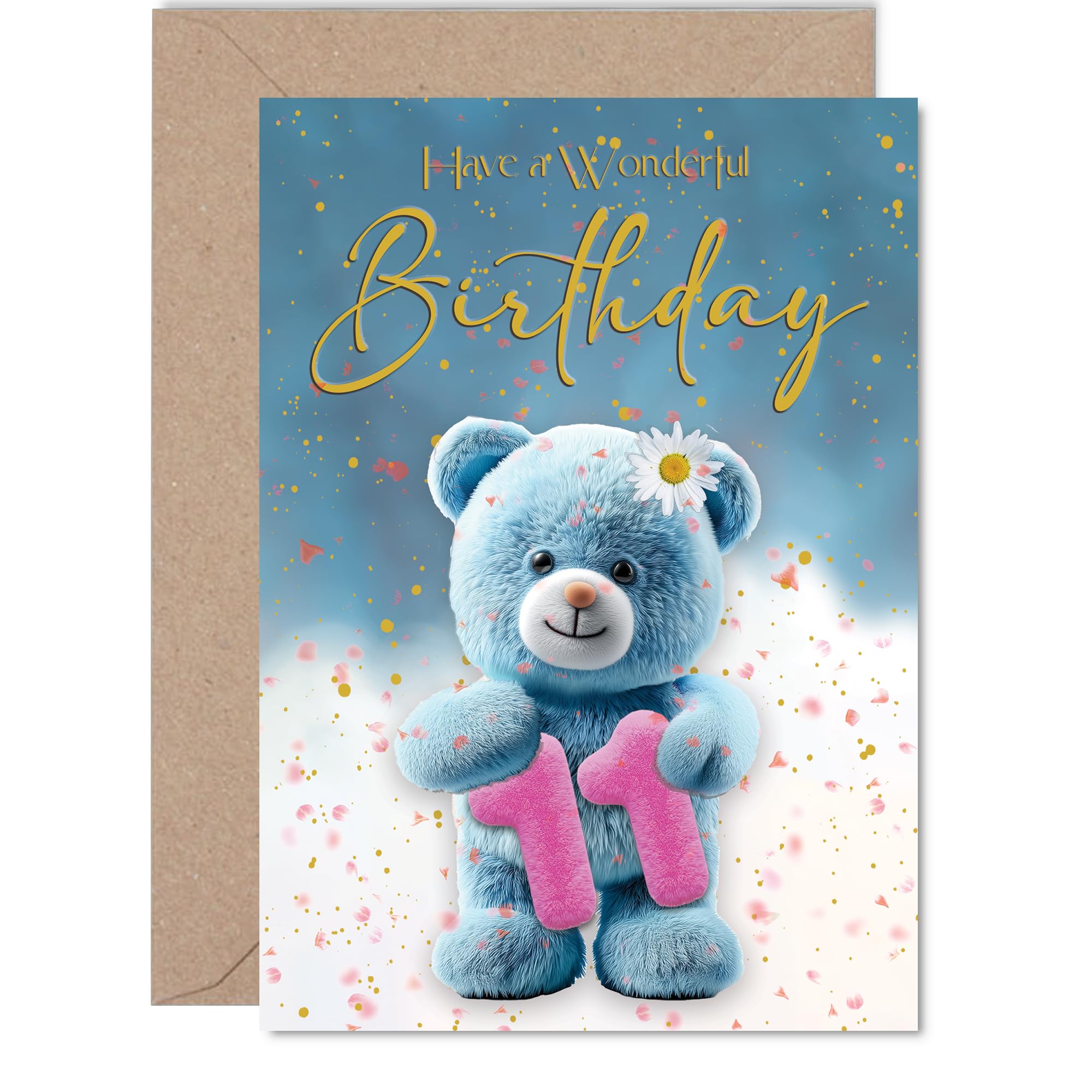 Cute 11th Birthday Card - Bursting with Birthday Cheer - Blue Teddy Bear Holding a Bold 11 in a Splashy, Festive Scene - 5x7 Inch, Envelope Included