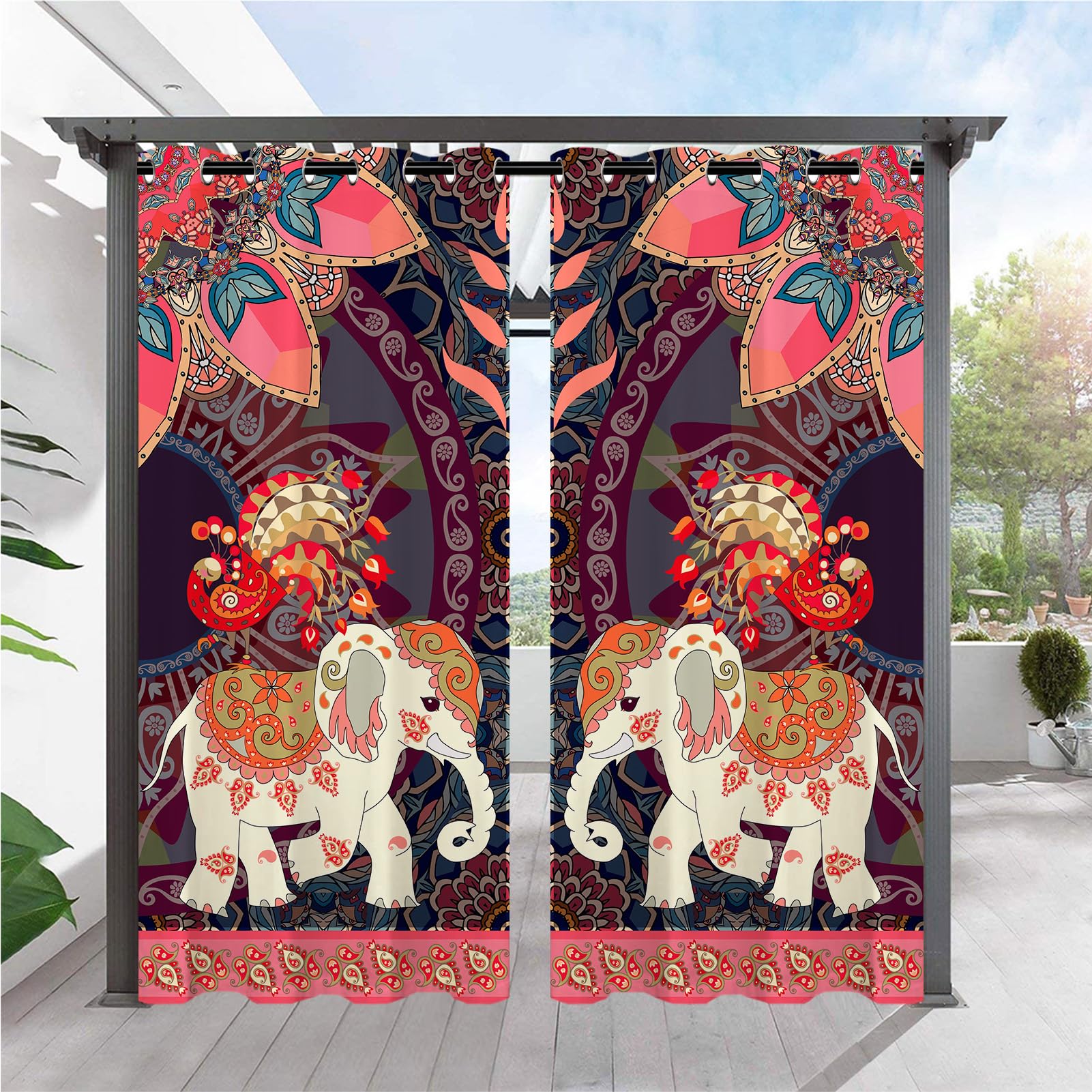 ANHOPE Outdoor Curtains Grommet Waterproof Window Drapes with Indian Bohemian Elephant Print Pattern Privacy Outside Curtains for Patio Pergola Gazebo Porch Cabana 2 Panels 36 x 84 Inch