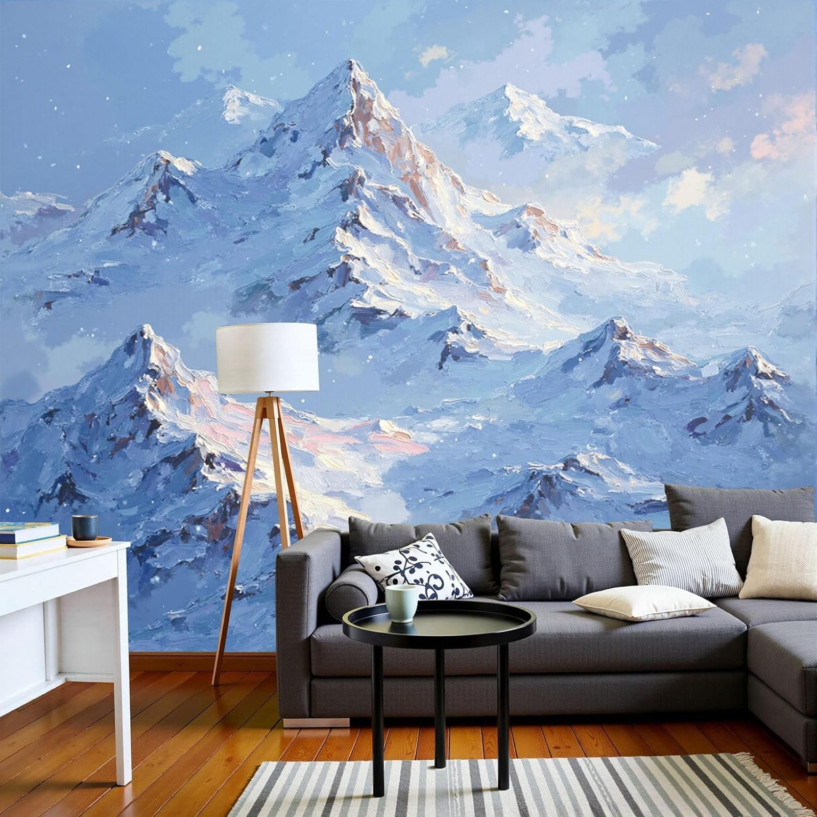 Photo wallpaper Snow-covered mountains - Landscape oil painting wall decoration Modern blue non-woven for living room bedroom children's room wall decoration, 430cm x 300cm Stickers - Frameless Painti
