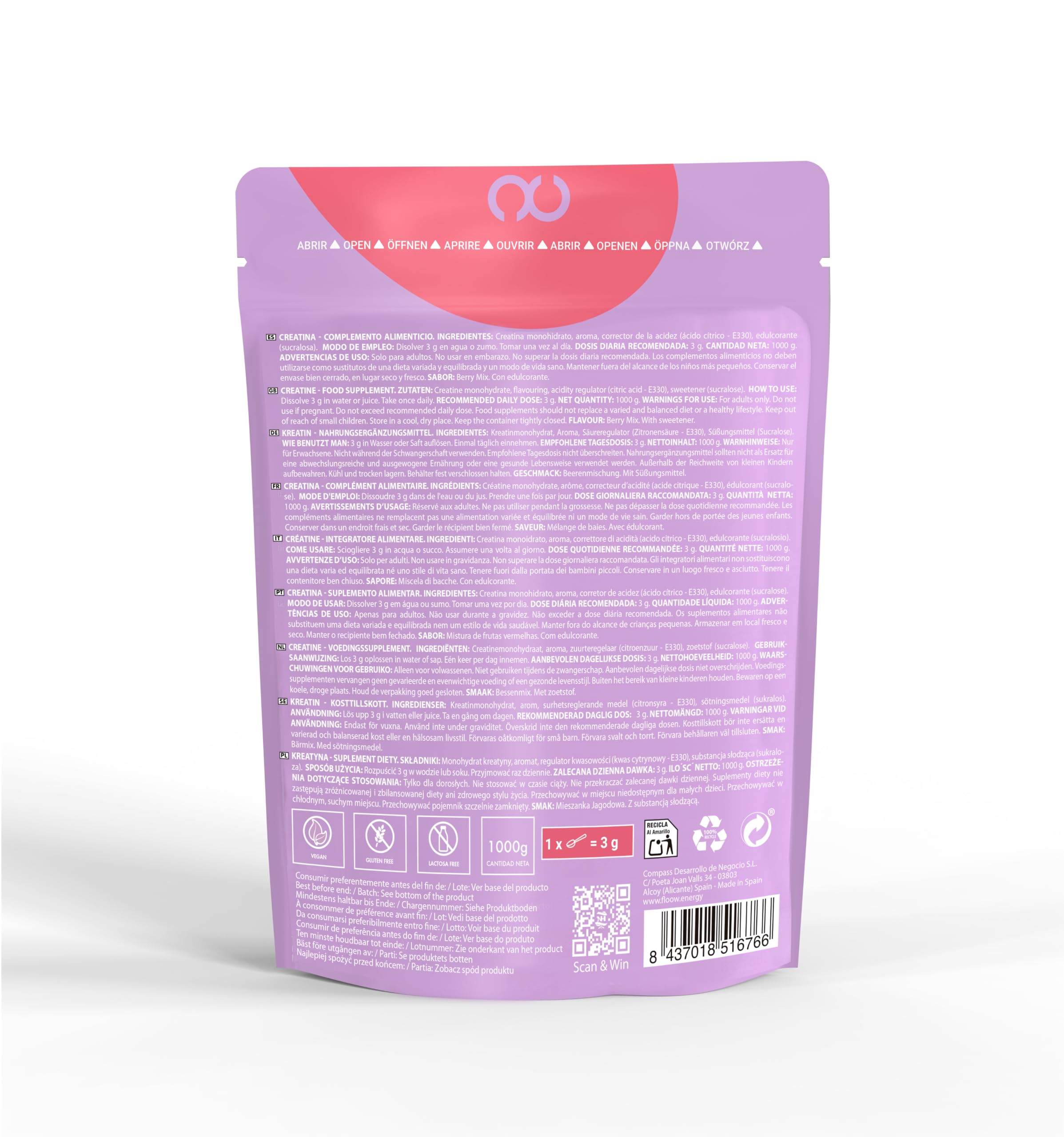 FLOOW - Creatina Monohidratada Sabor Berry Mix - 1000g (333 Dosis) - Creatine en Polvo Pura sin azúcar ni Maltodextrinas - Creatina Micronizada 200 Mesh - Suplemento Deportivo para Masa Muscular