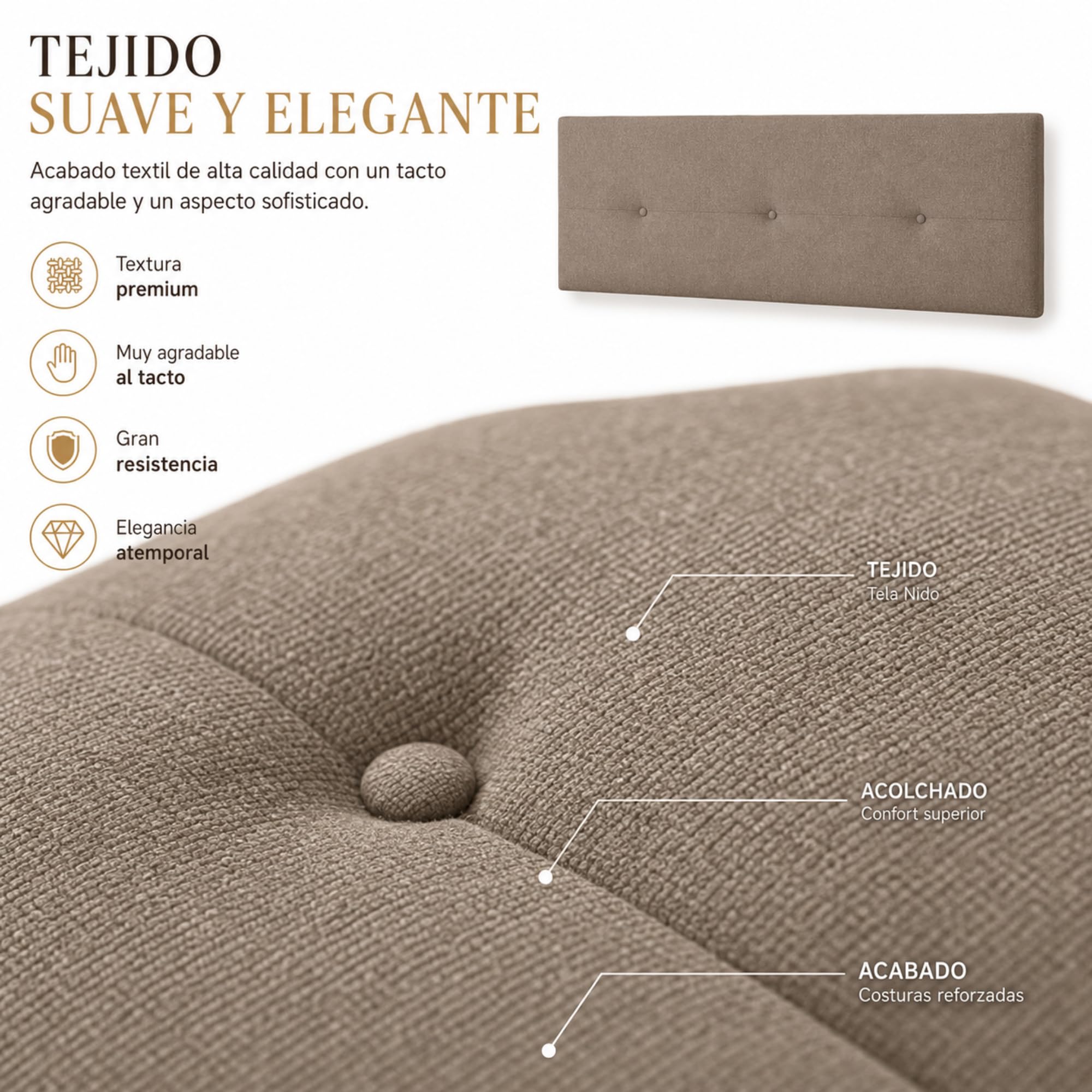 FISIO Dreams Cabecero Tapizado Tela Nido Caribe 4 para Cama 90, 105, 135, 150, 160, 180 y 200 cm | Cabezal Moderno Acolchado | Tela Acualine Repelente al Agua