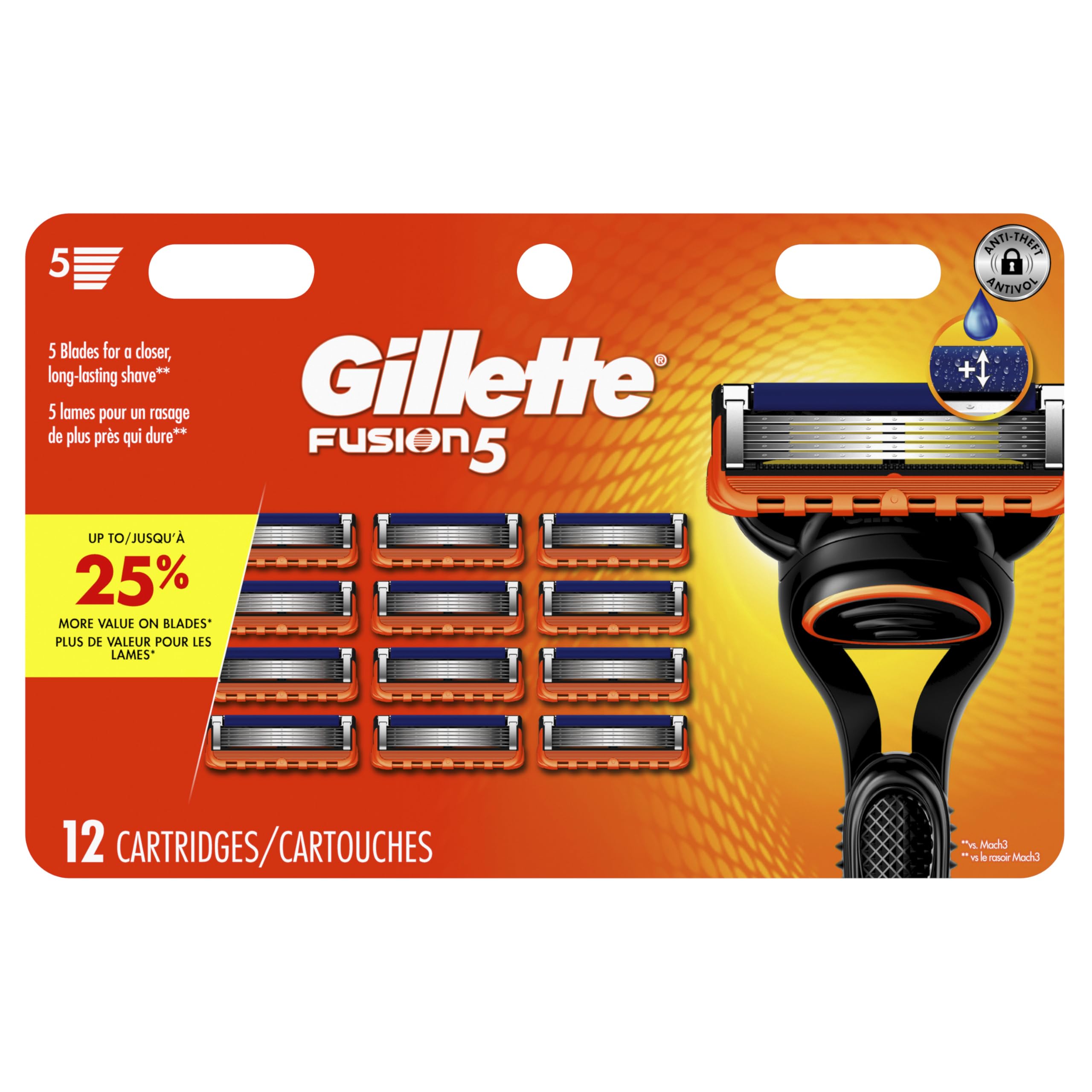Gillette Fusion 5 Lames de Rasoir Homme, Pack de 12 Lames de Recharges, Ancienne Version