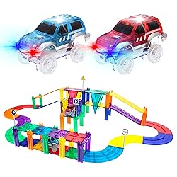 PicassoTiles 50pc Racecar Track Magnetic Tiles Educational Kids Toy with 2 Light Up Trucks STEM Preschool Learning Magnet Tile Toddler Toys Boys Girls Ages 3+ Blocks Game Puzzles Build Playset PTR50