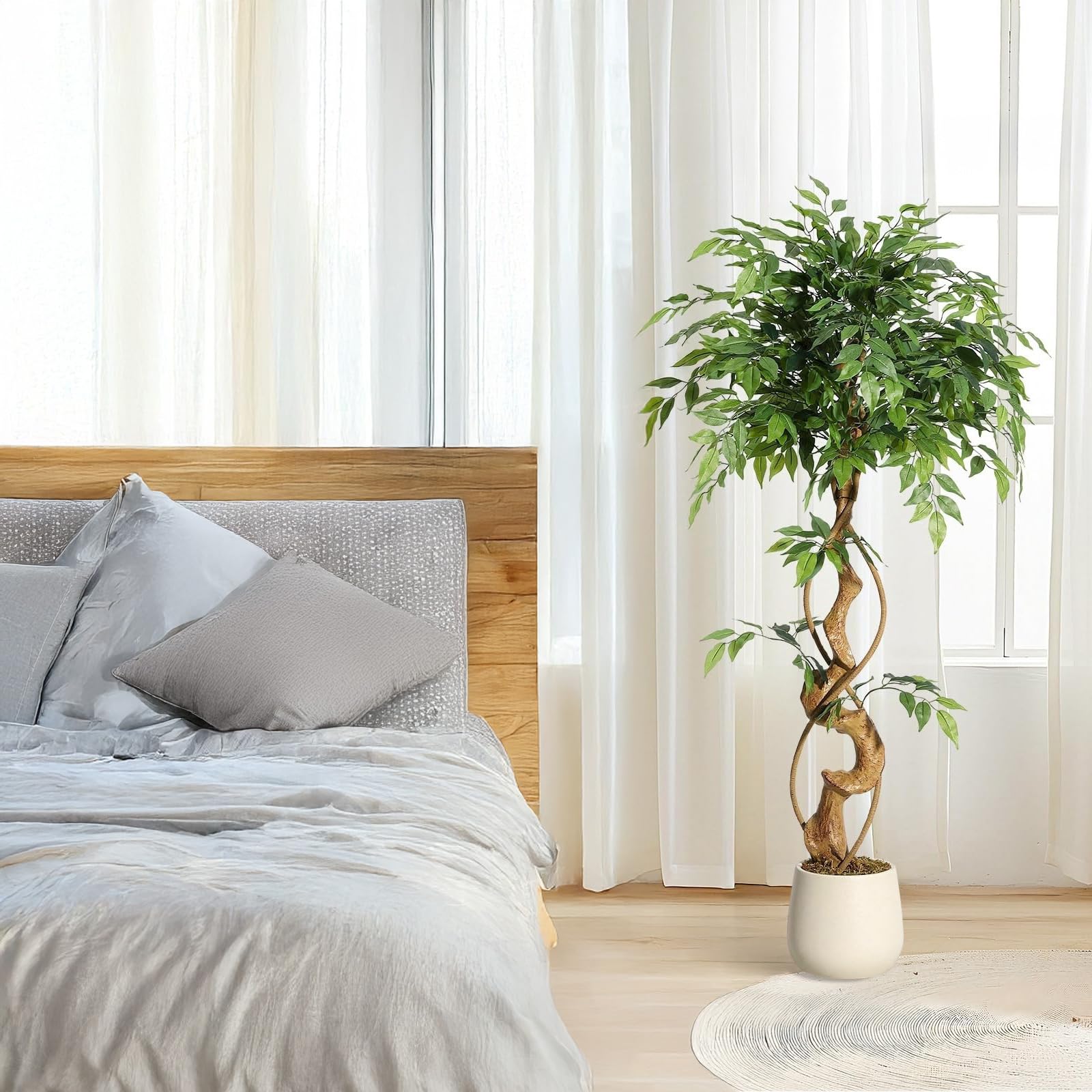 Plantes Artificielles Interieur, 120cm Ficus Arbre Vert Artificielle avec Pot Blanc Fausse Plante Interieur Idéal Maison Décoration pour Chambre Cuisine Salon Bureau Balcon