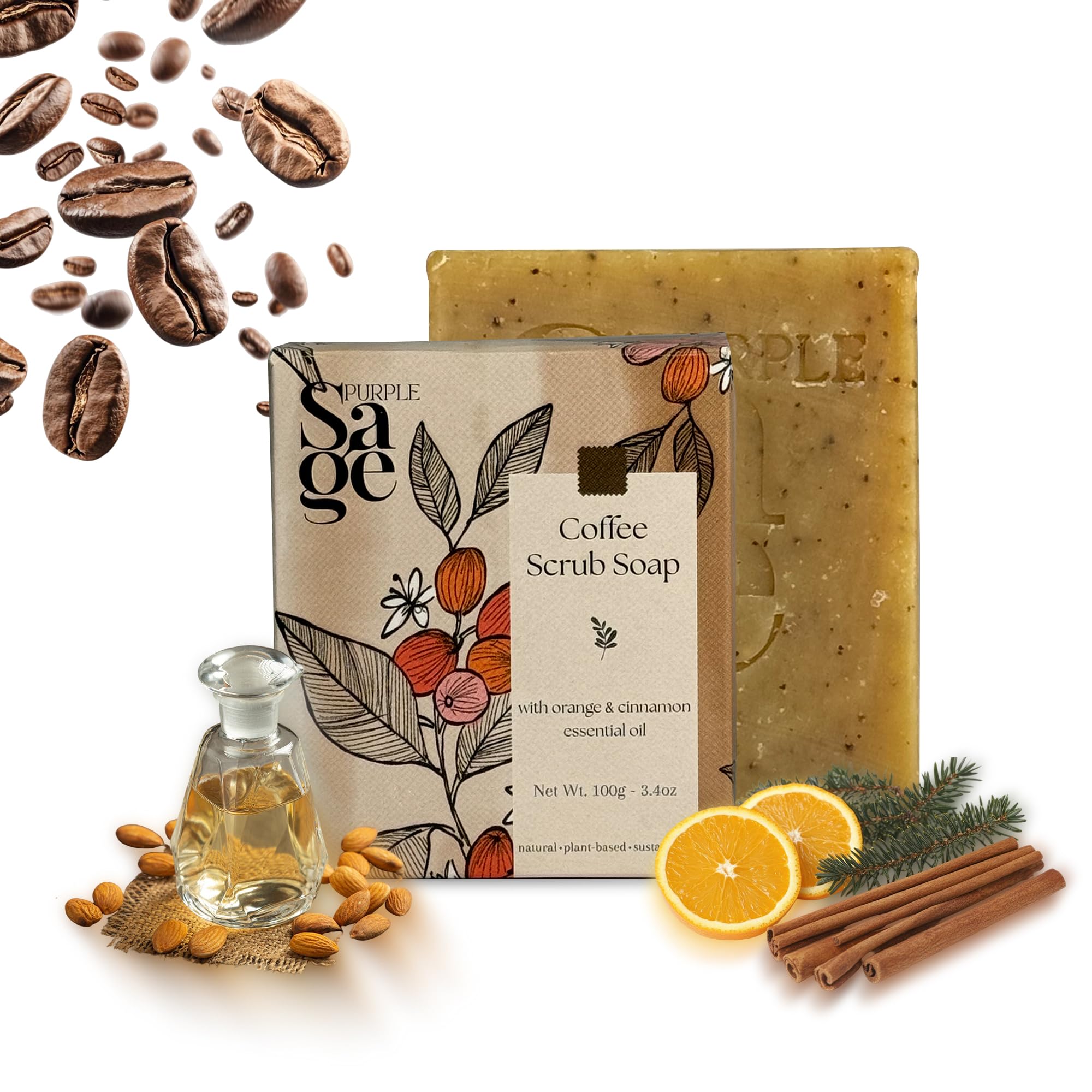 PURPLE SAGE Coffee Scrub Soap Bar 100g (Pack of 1) | Energizes, Tones & Softens | With Ylang Ylang & Orange Essential Oil | Natural, Handmade, Plant Based, Paraben Free | For Dry Skin, Men & Women