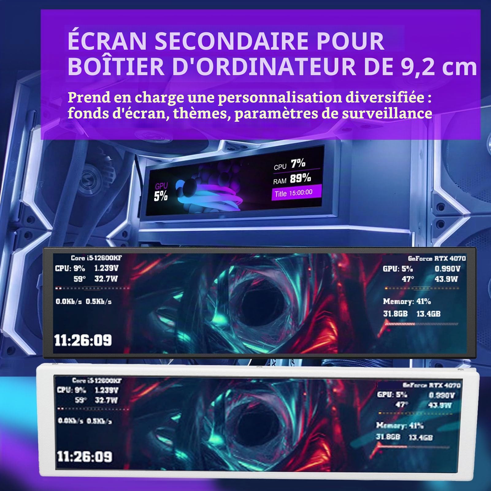 Dpofirs Panneau D'affichage de la Température du PC FHD de 9,2 Pouces, écran Secondaire de L'ordinateur avec Thèmes Vidéo Dynamiques et Configuration par Câble Unique pour la (Black)