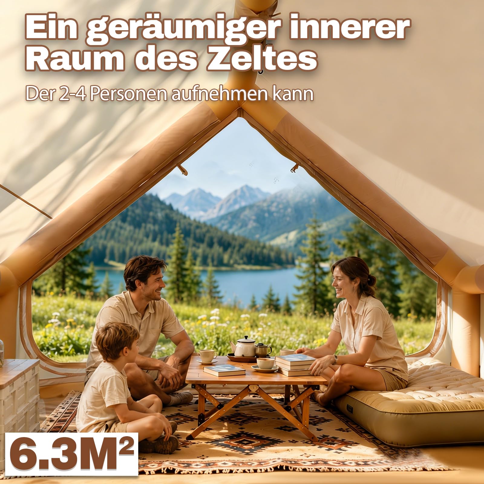 Aufblasbares Campingzelt mit Kaminöffnung & Dachfenster, für 2-10 Personen, wasserdichter Oxford-Stoff, Luftpumpe