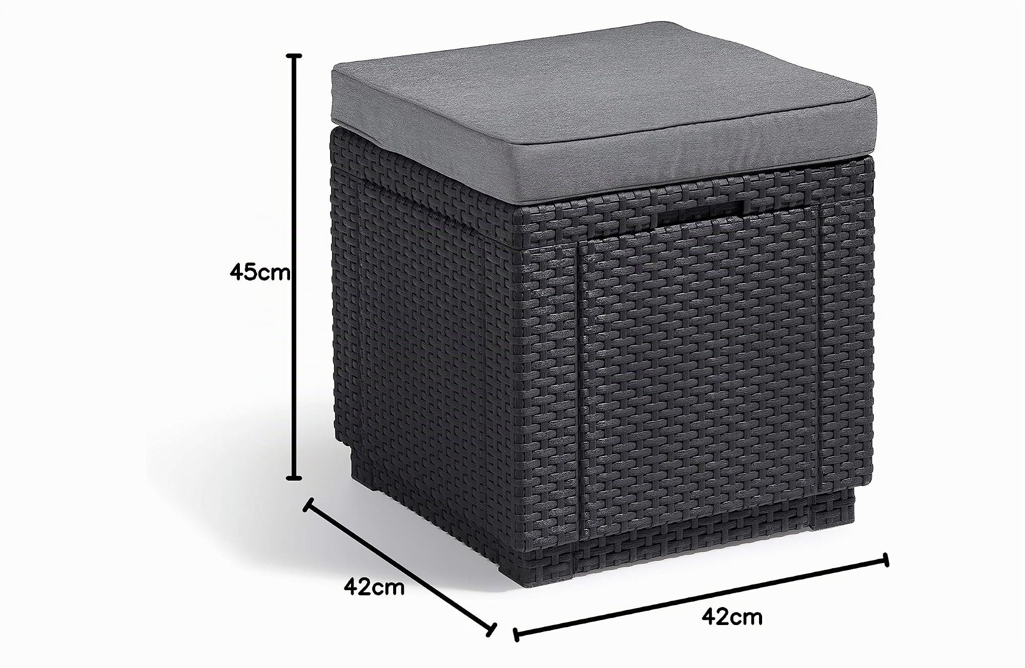 Allibert by Keter Cube - Sgabello con vano portaoggetti, con Coperchio Rimovibile, Effetto Rattan Piatto, Resistente alle intemperie, 42 x 42 x 39 cm, Colore: Grigio