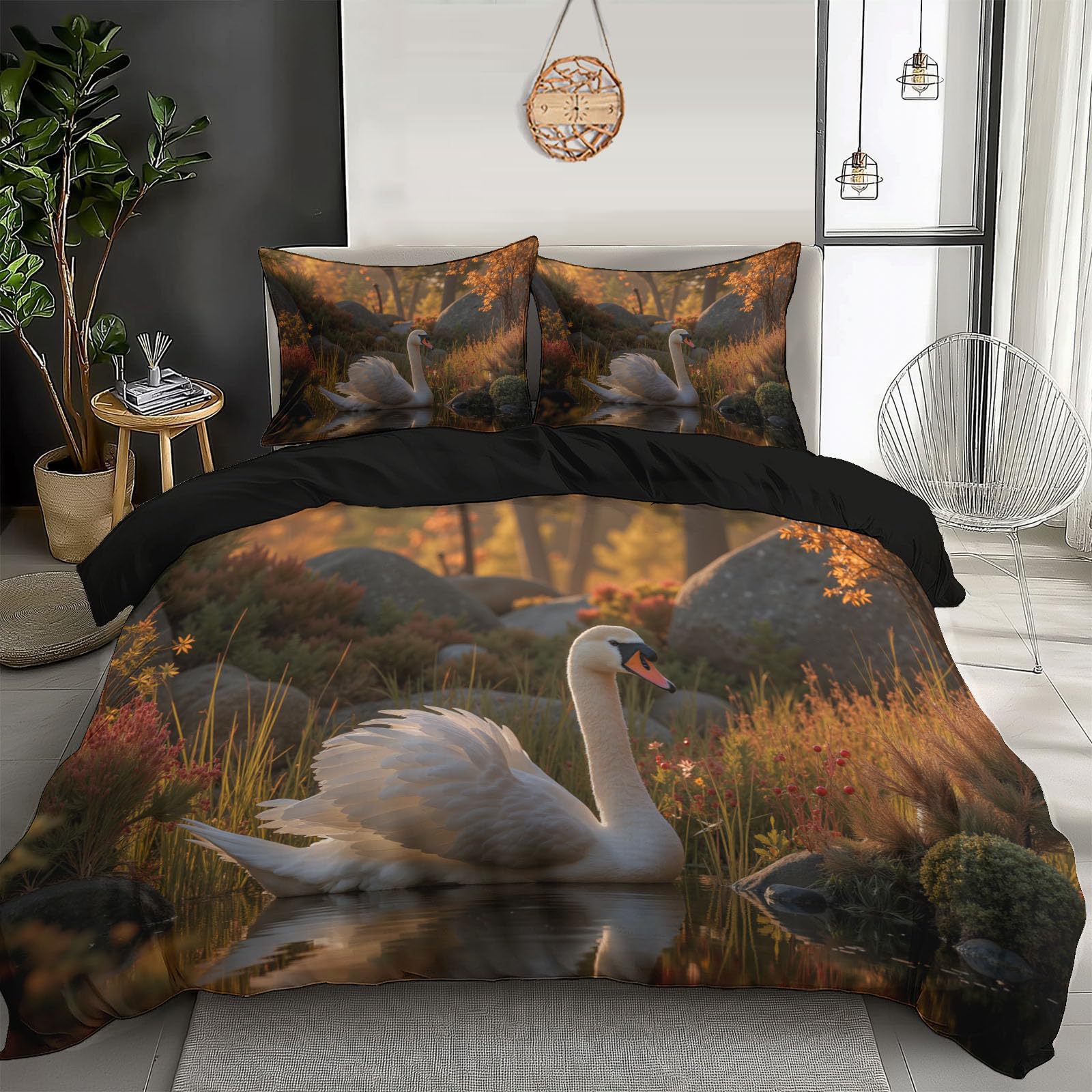 Housse de couette automne cygnes pour chambre d'enfant parure de lit orange 140x200