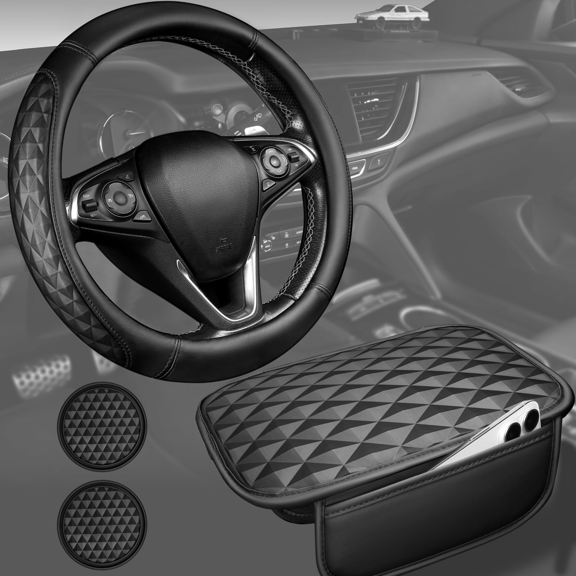 CAR PASS 3D Memory Foam Leather Car Steering Wheel Cover Set Comfortable Rhombus Leather Center Console Armrest Cushion — view 9