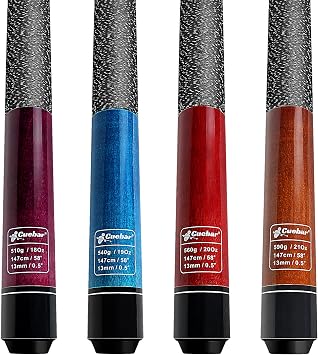 Pool Cues Set of 4, 58" 2-Piece 13mm Tip Maple Billiard Sticks | 18oz 19oz 20oz 21oz & 4 Distinct Colors for House Bar or Game Room Group Play, Low-Deflection Shafts, Non-Slip Linen Grip
