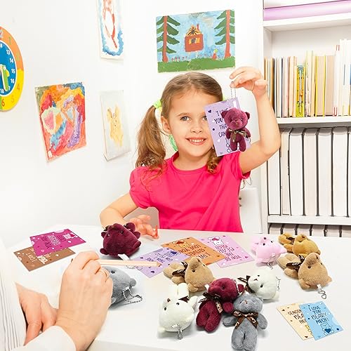 Miniatura 7 de DINESIL 28 tarjetas del día de San Valentín con osos de peluche, mini juguetes de peluche de oso de peluche para niños, regalo de intercambio de