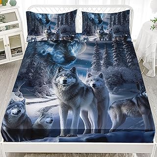 AILONEN Snow Wolf Fitted Sheet Set Twin Size, 3D Wolves Bed Sheet Set,Teens Boys Sheets Safari Animals Wolf Pattern Bedsheet Sets 3 Pieces, 1 Fitted Sheet and 2 Pillowcases