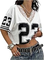 SOLYHUX Women's Y2K Jersey Shirt Lace Mesh Number Graphic V-Neck Half Sleeve Crop Top Streetwear Tee