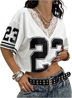 SOLYHUX Women's Y2K Jersey Shirt Lace Mesh Number Graphic V-Neck Half Sleeve Crop Top Streetwear Tees