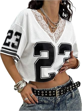 RoseSeek Womens Lace Mesh Jersy Shirts V Neck Off Shoulder Crop Tops Tee | Short Sleeve, Oversized, Cropped Jersey, Graphic, Off The Shoulder, Y2K, Vintage, Hiphop, Street