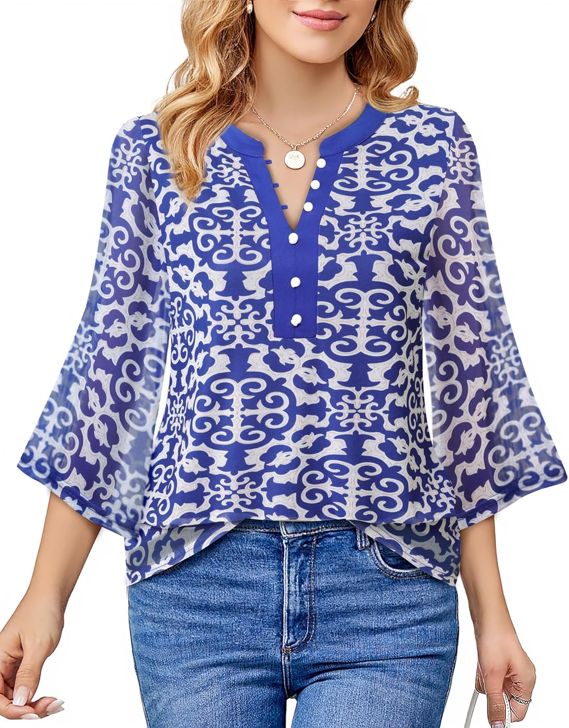 VALOLIA Womens Tops 3/4 Sleeve Sparkly Blouses Dressy Casual Elegant Flowy Double Layers Mesh Shirts - Image 2