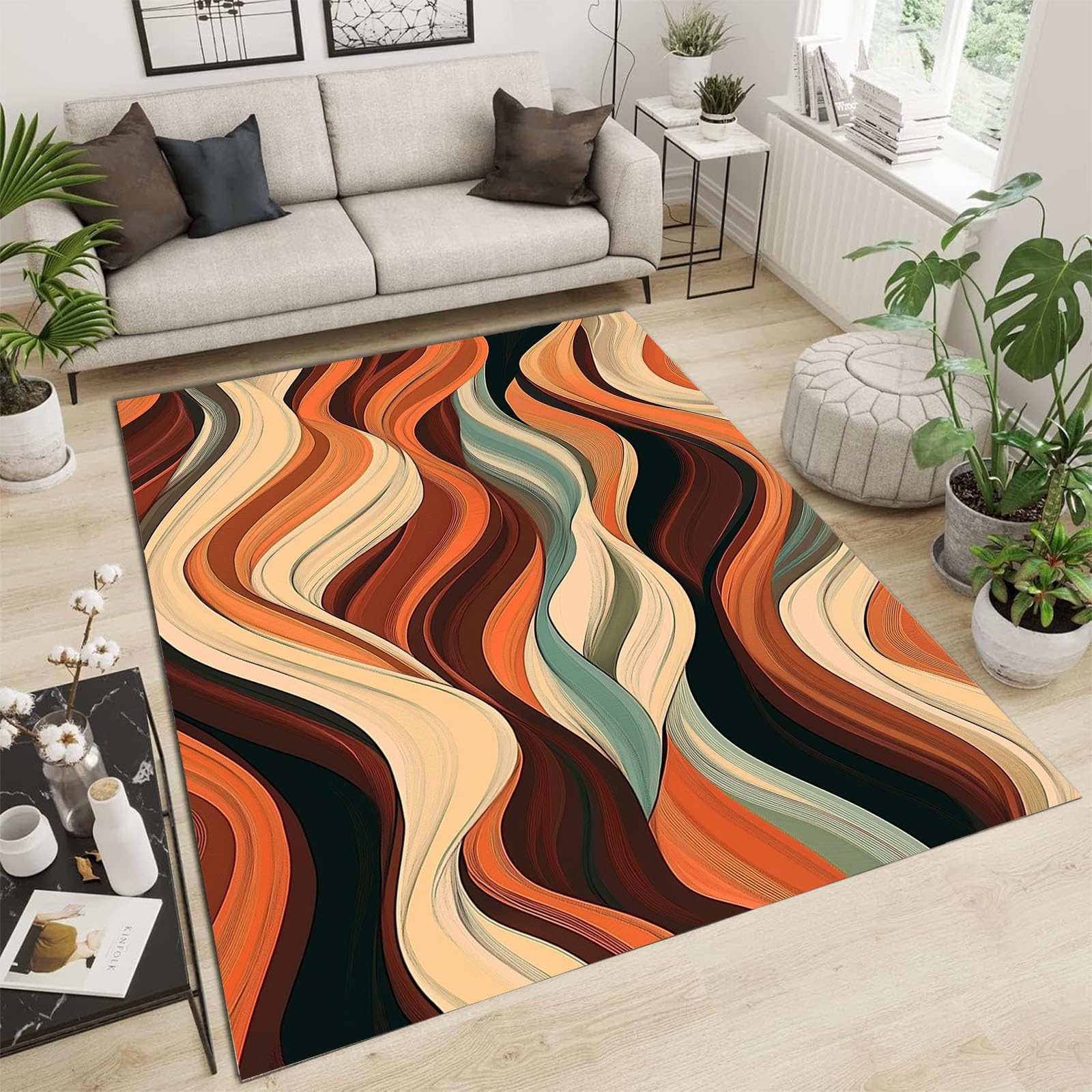 Tapis poil court brun 240x300 cm lavable et géométrique