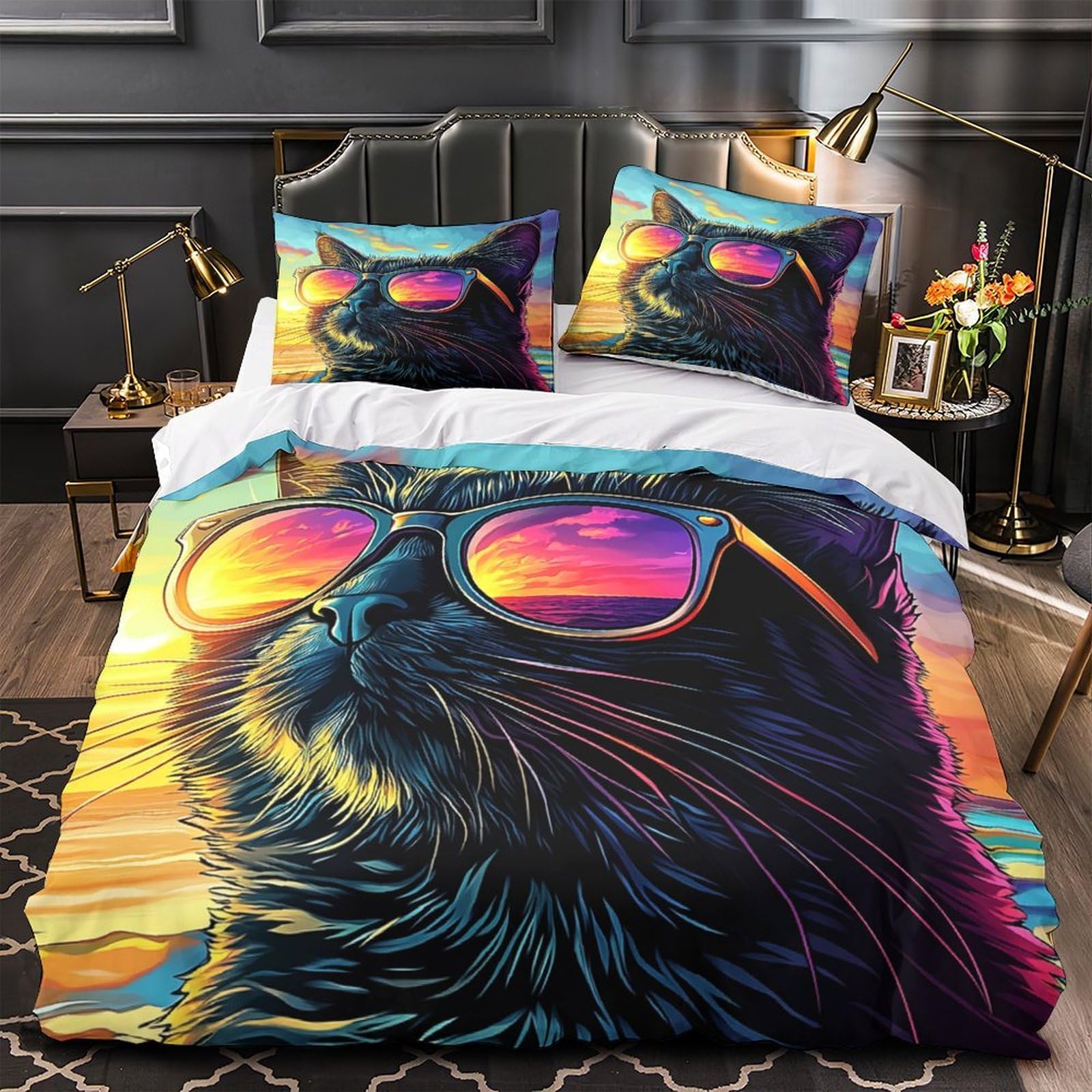 Housse de Couette 220x240cm Chat Cool Imprimé Pop avec 2 Taies