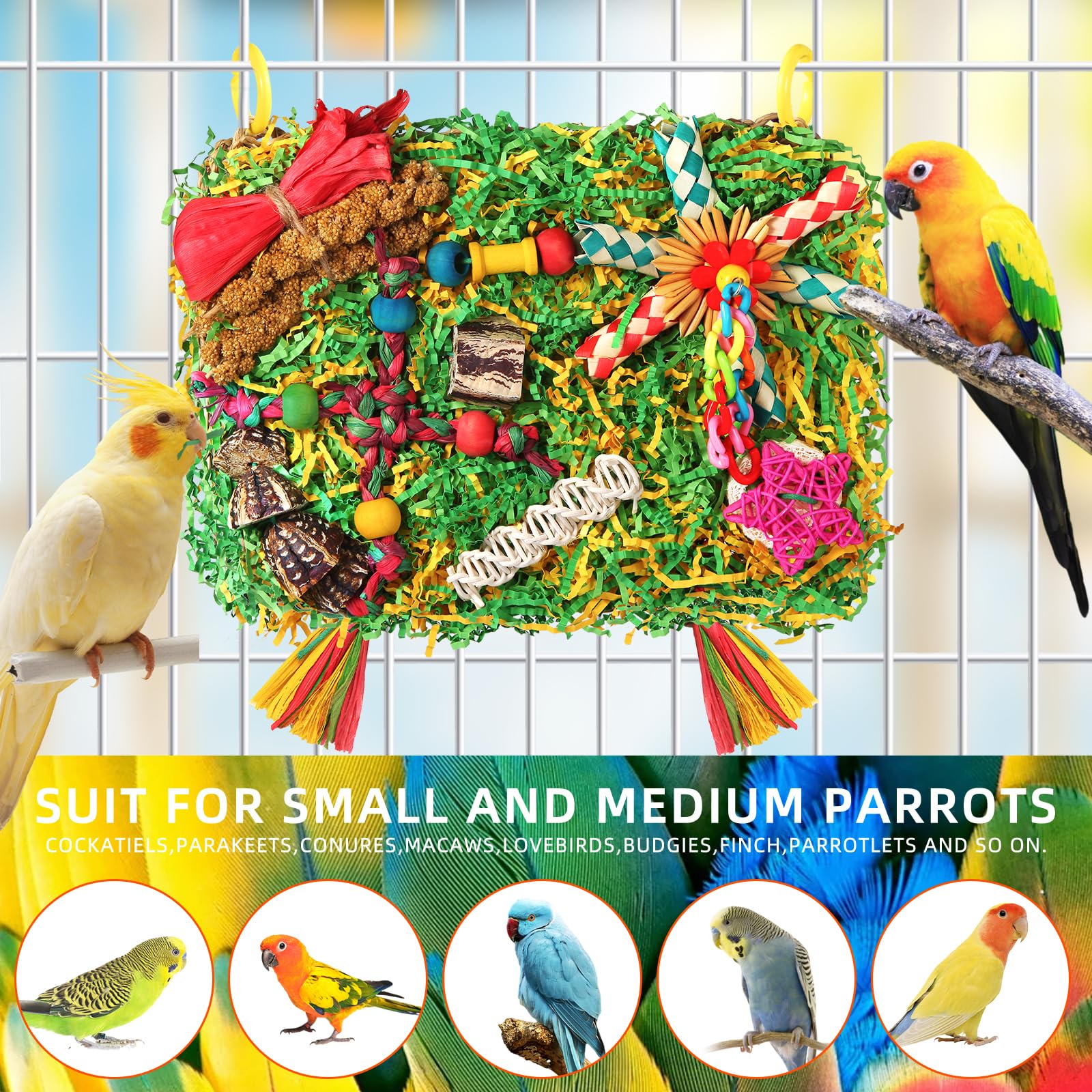 Bird Toys Parakeet Toys,Large-Sized Parrot Foraging & Shredding Cage Hanging Toys with Seagrass Mat for Budgies,Cockatiels,Lovebirds,Conures Small & Medium Parrots (Colorful with Starfruit (1PCS)) - image 3