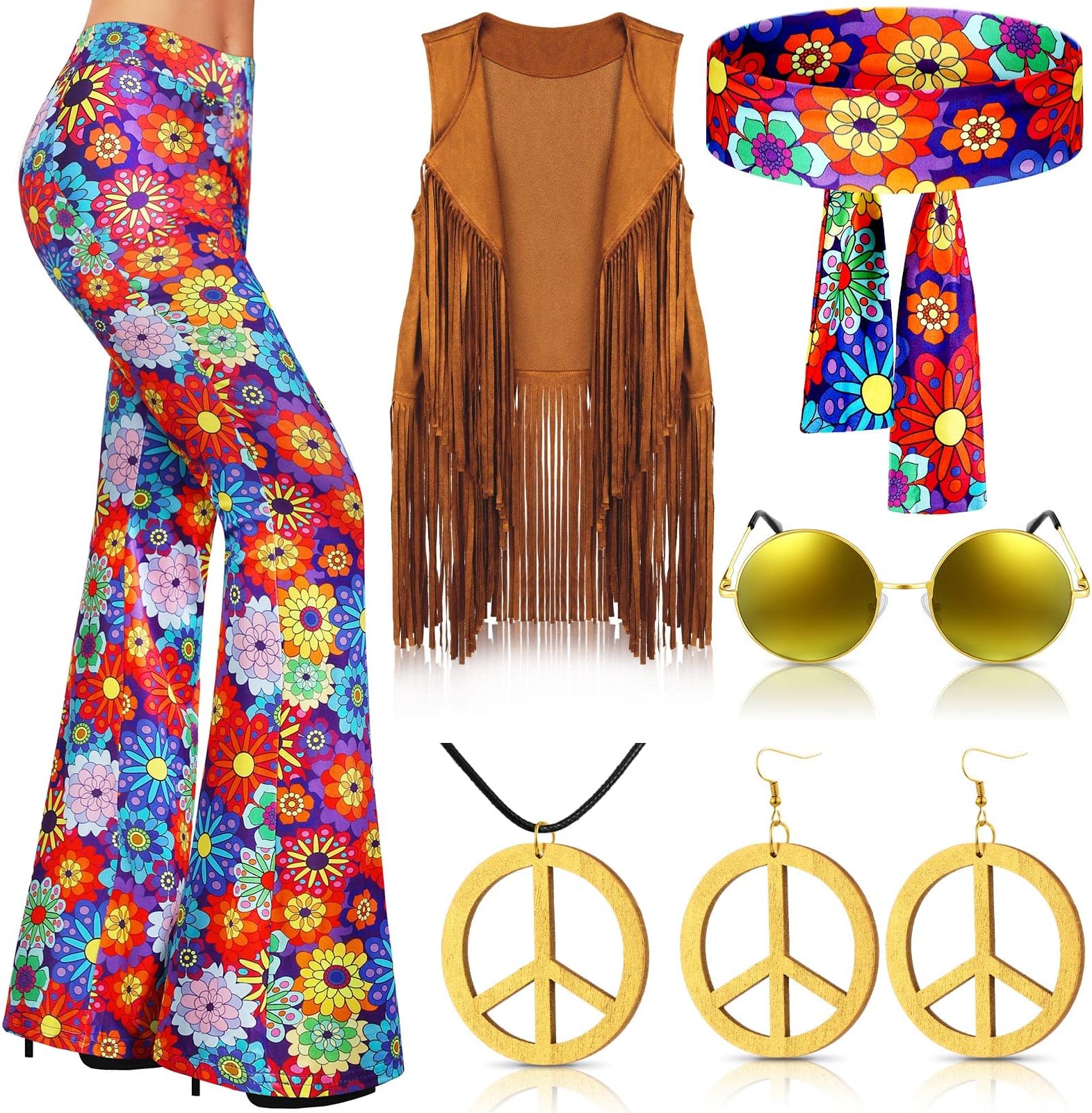 Haull7 Pcs 60s 70s Outfits for Women Hippie Costume Set Boho Flared Pants Fringe Vest Peace Sign Accessories Set