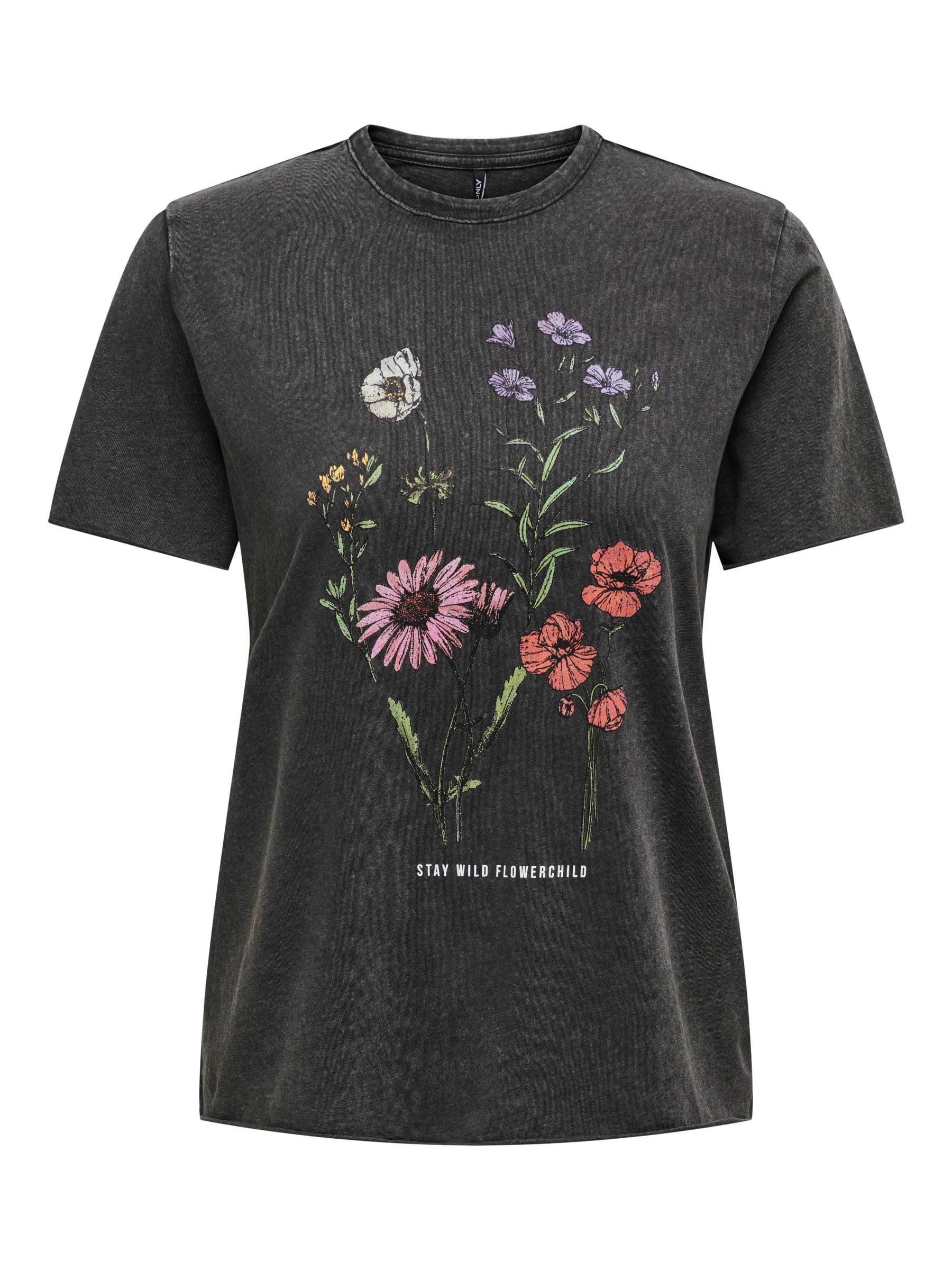 ONLY ONLLUCY Women's Printed T-Shirt Short Sleeve Basic Crew Neck Top with Writing Printed Short Sleeve, Nero/Stampa: Flowerchild, XS