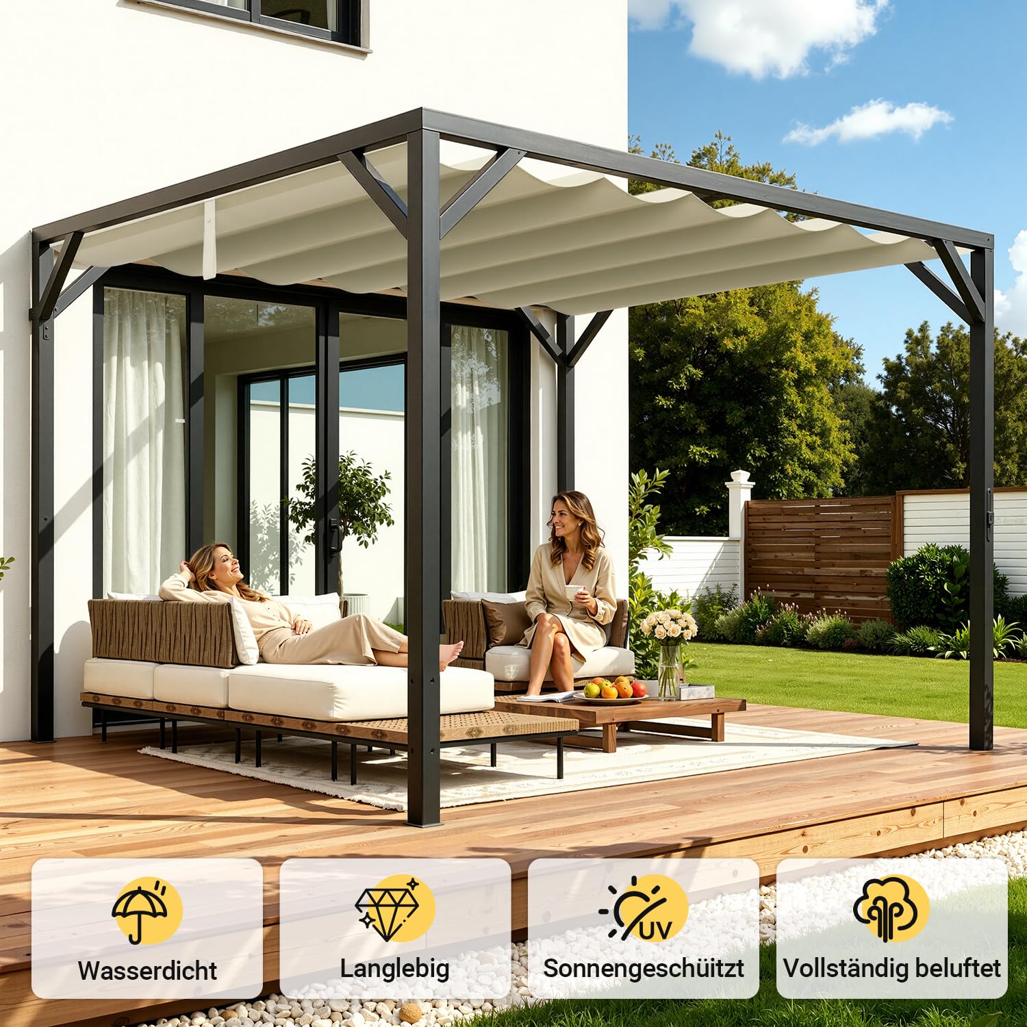 Ersatzdach für 3.65 x 4.85 m Pergola,wasserabweisend einziehbar Welle Überdachung,UV-Schutz 50+, NUR Schattenabdeckung 350 x 423 cm,Wetterfest,Sonnenschutz für pergola,Garten,Cremeweiß